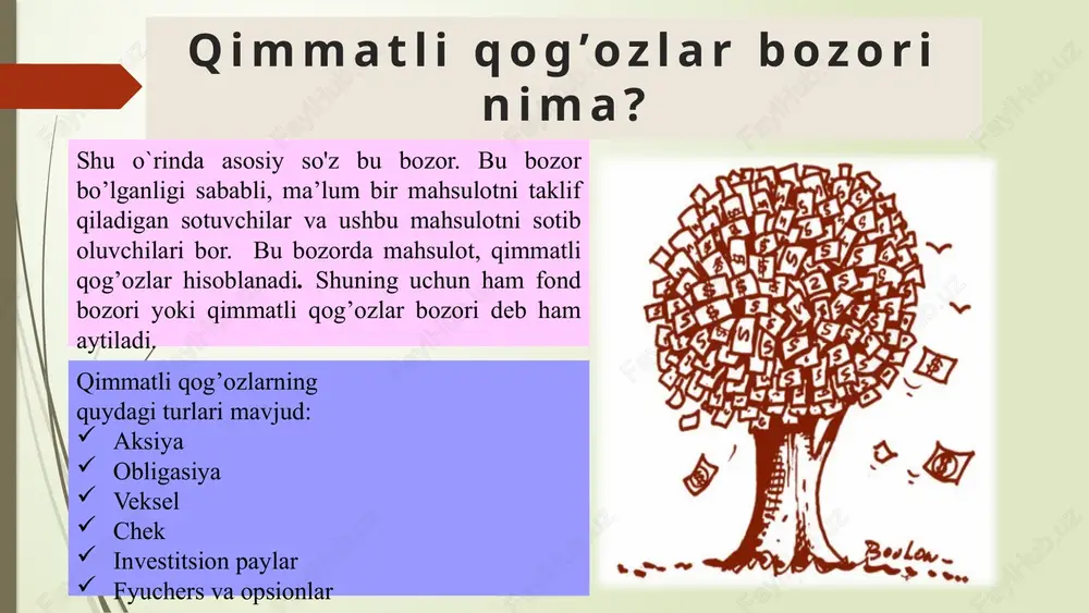 irok etishlari, shuningdek dividendlar olish huquqiga ega bo'lishlari mumkin, shuningdek kompaniya tugatilgan taqdirda o'z mulklarining bir qismini olish huquqiga ega. imtiyozli aksiyalar. bunga aksiya egasi dividendni olingan foydaga qarab emas, balki oldindan belgilangan qat iy foizlarda ʼ oladi. lekin bunday aksiya egasi aksiyadorlarning umumiy yig ilishida ovoz berish ʻ xuquqiga ega bo lmaydi. bunday aksiyalar, qoidaga ko ra, aksiyadorlik ʻ ʻ jamiyati nizom jamg armasining 10% idan ortiq chiqarilishi mumkin ʻ emas. obligatsiya obligasiya - bu davlat yoki korxona tomonidan ichki kredit berilganda va uning egasiga nominal qiymatining belgilangan foizi ko'rinishida daromadni taqdim etishda ma'lum shartlar asosida berilgan qarz majburiyati bo'lib, u ham qimmatli qog'ozdir. obligatsiya turlar:  maqsadli va foizli;  odddiy va yutuqli;  egasi yozilgan;  korxona obligatsiyalari;  erkin muomaladagi va muomalasi cheklangan obligatsiyalar. veksel veksel – veksel beruvchining yohud vekselda ko’rsatilgan boshqa to’lovchining vekselda nazarda tutilgan muddat kelganida veksel egasiga muayyan summani to’lash yuzasidan qat’iy …