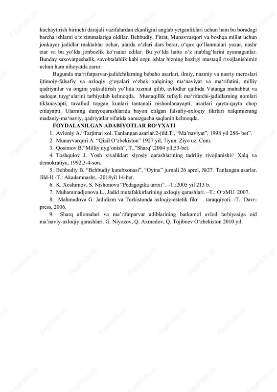 ing vujudga kelishi asta-sekin bo‘lsada milliy ozodlik mafkurasiga asoslanib bordi. bu jarayon o‘lkadagi maxalliy xalqning ongiga o‘z ta‘sirini o‘tkaza boshladi. natijada ular turkistonda mustaqillik, milliy taraqqiyot uchun, xalqning manfaatlari uchun kurash olib borishga milliy-ozodlik harakati uchun zamin tayyorlashga muvaffak bo‘ldilar. yerli xalqlar orasida mustamlakachilikka qarshi ma‘rifatchilik g‘oyalari tarkala boshladi, yangi ta‘lim-tarbiya shaxobchalari, yangi maktab, maorif, madaniy targibot, jadidchilik harakati rivoj topdi [2]. mana shunday sharoitda turkistonda ko‘plab ma‘rifatchilar yetishib chiqdi. turkistonda jadidchilik harakati uch soha orqali faoliyat ko‘rsatdi.  maorif (yangicha maktablar ochish, ta‘lim usulini yangilash),  san‘at (badiiy adabiyot, teatr)  matbuot. (gazeta jurnallar) asosiy maqsad millatni, bir tomondan, ilm-ma‘rifatli qilish bo‘lsa, ikkinchi tomondan uning axloqiy darajasini yuksaltirish va ana shu ikki jihatning uyg‘unlashuvi natijasida, uzligini, o‘z qadrini anglagan bilimli shaxsni voyaga yetkazish edi. turkiston jadidchilari tomonidan ana shu maqsadni amalga oshirish yo‘lida katta ishlar qilindi. turkistonda jadidchilik harakatining yuzaga kelishida tarixiy sharoit bilan birga, xix asrning so‘nggi choragida …