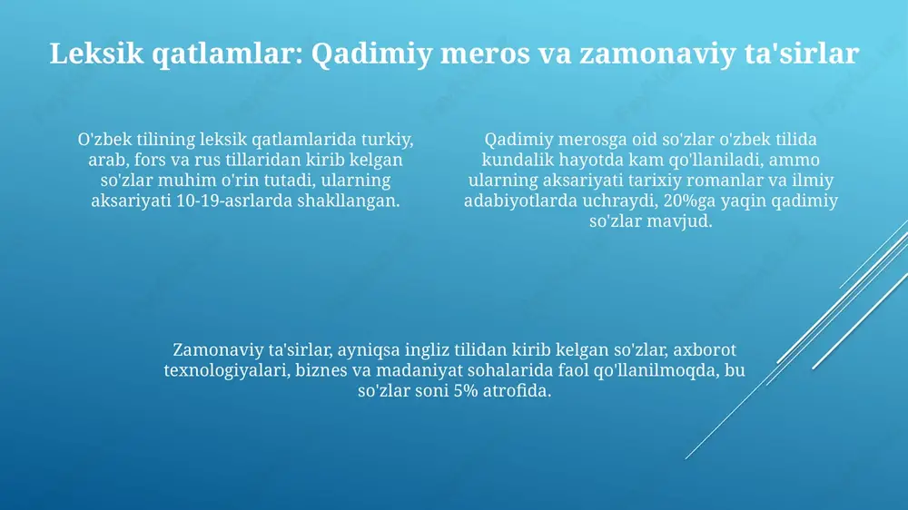 i lugʻatlar ham mavjud, bu esa leksikografiyaning o'sishini ko'rsatadi. oʻzbek leksikografiyasining rivojlanishi 18-asrga borib taqaladi, ammo 20- asrda, ayniqsa, hamid olimjonning 'izohli lugʻat'i (ikki jildli, 1981) muhim ahamiyat kasb etgan. terminologiya va tarjima masalalari terminologiyada xalqaro so'zlarning o'rni katta; masalan, 'internet' so'zi o'zbek tilida ham keng qo'llaniladi va 70% hollarda tarjima qilinmaydi. o'zbek terminologiyasida aniqlik muhim, masalan, 'kompyuter' so'zining 3 xil tarjimasi bor edi, lekin hozir 'kompyuter' termini asosiy hisoblanadi. tarjima masalalarida adabiy va ilmiy uslublar farqlanadi; masalan, 10 betlik ilmiy maqolani tarjima qilish, 5 betlik badiiy asardan ko'ra qiyinroq bo'lishi mumkin. o'zbek tilining lug'at tarkibini o'rganish usullari va kelajak rivojlanish tendensiyalari o'zbek tilining lug'at tarkibini o'rganishda zamonaviy korpus lingvistikasi usullari, xususan, 1 milliondan ortiq so'zdan iborat matnlar asosida chastotali lug'atlar yaratish muhim rol o'ynaydi. kelajakda sun'iy intellektga asoslangan til modellaridan foydalanish orqali o'zbek tilining leksik semantik evolyutsiyasini, shu jumladan, neologizmlar va ularning ma'nolarini avtomatik aniqlash mumkin. o'zbek tilining lug'at …