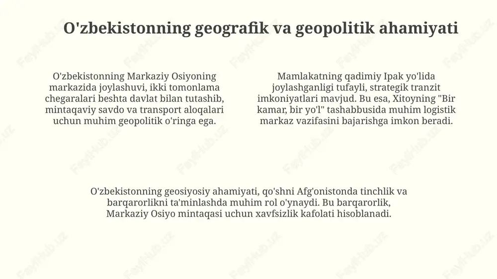 birkorlar uchun qoʻshimcha qulaylik yaratishga xizmat qiladi. ta'lim va ilmiy salohiyatni rivojlantirish yo'llari ta'lim sifatini oshirish uchun steam (fan, texnologiya, muhandislik, san'at, matematika) yo'nalishlariga ustuvor ahamiyat berish, 2024-2030 yillarda bu sohalarda malakali kadrlar tayyorlashni jadallashtirish zarur. oliy ta'lim muassasalarida tadqiqot markazlarini modernizatsiya qilish, xalqaro grantlarni jalb qilish va 10 dan ortiq ilmiy laboratoriyalarni zamonaviy uskunalar bilan ta'minlash orqali innovatsion tadqiqotlarni qo'llab-quvvatlash kerak. ilmiy salohiyatni rivojlantirish maqsadida, 5 ta yetakchi xorijiy universitetlar bilan qo'shma dasturlarni tashkil etish, doktorantura va stajirovka dasturlarini kengaytirish orqali tajriba almashishni kuchaytirish lozim. barqaror rivojlanish maqsadlariga erishish o'zbekiston infratuzilmani modernizatsiya qilish, innovatsiyalarni qo'llab-quvvatlash va barqaror sanoatlashuvni rag'batlantirish orqali 9-brmga (sanoat, innovatsiya va infratuzilma) erishish yo'lida faol ish olib bormoqda. o'zbekiston 2030 yilgacha barqaror rivojlanish maqsadlariga (brm) erishish uchun kambag'allikni kamaytirish, sifatli ta'limni ta'minlash va gender tengligiga erishish kabi milliy ustuvorliklarni belgilab oldi. respublika iqlim o'zgarishiga qarshi kurash, qayta tiklanadigan energiya manbalariga investitsiyalarni oshirish va ekologik barqarorlikni ta'minlash …