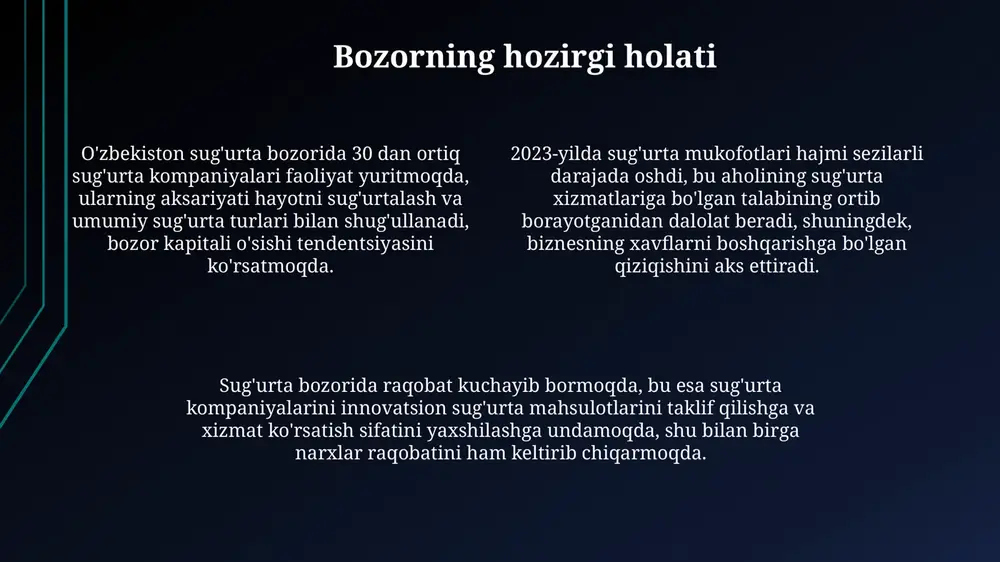 5 foizi sug'urta xizmatlaridan foydalanadi, bu esa xabardorlikni oshirish zarurligini ko'rsatadi. 2024-yilga kelib sug'urta kompaniyalari aholi o'rtasida sug'urta madaniyatini targ'ib qilish uchun turli aksiyalar va kampaniyalar o'tkazmoqda, bu esa xabardorlikni oshirishga qaratilgan. sug'urta madaniyatini shakllantirishda ta'lim muhim rol o'ynaydi, maktablarda moliyaviy savodxonlik darslarida sug'urtaning ahamiyati haqida ma'lumot berish kelajakda talabni oshiradi. iste'molchilar huquqlarini himoya qilish o'zbekistonda sug'urta xizmatlari sifati va shaffofligini oshirish maqsadida 2023-yildan boshlab sug'urta kompaniyalarining faoliyatini baholashning yangi reyting tizimi joriy etilgan. sug'urta iste'molchilarining huquqlari o'zbekiston qonunchiligida mustahkamlab qo'yilgan bo'lib, shartnoma shartlariga rioya etilishini nazorat qilish uchun 10 ish kuni ichida shikoyat qilish imkoniyati mavjud. iste'molchilarning huquqlarini himoya qilish maqsadida sug'urta kompaniyalari bilan nizolarni hal qilish uchun maxsus arbitraj sudlari tashkil etilgan bo'lib, ular 30 kun ichida hal etiladi. xalqaro hamkorlik o'zbekiston sug'urta bozori xalqaro tashkilotlar, masalan, jahon banki bilan texnik yordam olish va ilg'or tajribalarni o'rganish bo'yicha hamkorlikni yo'lga qo'ygan. respublika sug'urta kompaniyalari xalqaro reyting agentliklari, jumladan, …