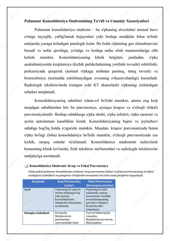 veolalarda asosan fibrin va leykotsitlar qoladi, o'pka kulrang tusga kiradi. rezolyutsiya bosqichida fibrin va yallig'lanish hujayralari fermentlar ta'sirida erib ketadi va alveolalar havo bilan to'la boshlaydi. ba'zida bu bosqich to'liq yakunlanmasligi va fibroz to'qima shakllanishi mumkin. o'choqli (fokal) pnevmoniyaning etiologiyasi va patogenezi o'choqli pnevmoniya (bronxopnevmoniya) bir nechta mayda o'choqlarning o'pkada tarqalishi bilan xarakterlanadi. qo'zg'atuvchilarga streptococcus pneumoniae, staphylococcus aureus, haemophilus influenzae va moraxella catarrhalis kabi bakteriyalar, shuningdek, viruslar (masalan, gripp virusi, respirator sinsitial virusi) va zamburug'lar kirishi mumkin. o'choqli pnevmoniya ko'pincha bronxlardan alveolalarga infeksiyaning tarqalishi natijasida yuzaga keladi. bu ko'proq zaiflashgan immunitetga ega bolalar, keksa odamlar va surunkali kasalliklari bo'lgan bemorlarda kuzatiladi. o'choqli pnevmoniyaning patogenezi bronxlarning yallig'lanishi bilan boshlanadi (bronxit). yallig'lanish jarayonida shilliq ajralishi kuchayadi, bu esa bakteriyalarning ko'payishi uchun qulay muhit yaratadi. bakteriyalar alveolalarga kirib, yallig'lanishni keltirib chiqaradi, natijada alveolalar suyuqlik, yallig'lanish hujayralari va fibrin bilan to'ladi. o'choqli pnevmoniyada konsolidatsiya o'choqlari ko'pincha bronxlar atrofida joylashadi va bir-biri bilan qo'shilib, kattaroq …