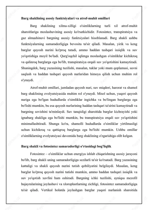 trof-muhitga moslashuvini ta'minlaydi. barg shaklining evolyutsion yo'nalishlari va filogenetik ahamiyati barg shaklining evolyutsion yo'nalishlari o'simliklarning turli xil guruhlarida kuzatiladi va bu ularning atrof-muhitga moslashuvining muhim ko'rsatkichidir. filogenetik tahlil barg shaklining o'zgarishini o'simliklar evolyutsiyasining asosiy bosqichlari bilan bog'lashga imkon beradi. misol uchun, qadimgi o'simliklarda barglar oddiy tuzilishga ega bo'lgan bo'lsa, keyinchalik bo'lingan va murakkab barglar paydo bo'lgan. bu evolyutsion o'zgarishlar o'simliklarning quyosh nurini yaxshiroq tutishi va transpiratsiyani boshqarishi bilan bog'liq. ba'zi o'simlik guruhlarida barglar ignabarg shakliga ega bo'lgan bo'lsa, boshqalarida yirik va keng barglar shakllangan. ushbu farqlar ularning yashash muhitiga moslashganligini ko'rsatadi. barg shaklining filogenetik ahamiyati o'simliklarning o'zaro munosabatlarini aniqlashda muhim rol o'ynaydi. barg shaklining xususiyatlari o'simliklar oilalari va avlodlarining filogenetik daraxtlarini qurishda foydali ma'lumotlar beradi. masalan, ba'zi o'simlik oilalarida o'ziga xos barg shakllari mavjud bo'lib, bu ularning evolyutsion kelib chiqishini ko'rsatadi. barg shaklining o'zgarishi o'simliklarning turli xil ekologik nişalarga moslashuvi bilan bog'liq bo'lishi mumkin. shuningdek, barg shakli o'simliklarning polinatorlar bilan …
