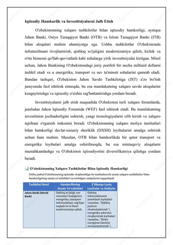tor loyihalarni amalga oshirmoqda. masalan, bmtning taraqqiyot dasturi (undp) bilan hamkorlikda kambag'allikni kamaytirish, gender tengligini ta'minlash va barqaror qishloq xo'jaligini rivojlantirishga qaratilgan loyihalar amalga oshirilmoqda. o'zbekiston shuningdek, yunesko bilan madaniy merosni muhofaza qilish va ta'limni rivojlantirish bo'yicha yaqin hamkorlik qiladi. bundan tashqari, o'zbekiston sharqiy yevropa va markaziy osiyo davlatlari o'rtasida giv/oitsga qarshi kurash, giyohvandlikka qarshi kurash va odam savdosiga qarshi kurash kabi transmilliy tahdidlarga qarshi kurashishda mintaqaviy hamkorlikni rivojlantirishda faol ishtirok etadi. bu borada o'zbekiston bmtning giyohvandlik va jinoyatchilikka qarshi kurash boshqarmasi (unodc) va boshqa xalqaro tashkilotlar bilan hamkorlikda bir qator dasturlarni amalga oshirmoqda. o'zbekistonning bu sohadagi faoliyati mintaqaviy xavfsizlikni mustahkamlashga va barqaror rivojlanishga xizmat qiladi. mamlakat, shuningdek, qochqinlar va boshpana izlovchilarga yordam berish bo'yicha bmtning qochqinlar bo'yicha oliy komissarligi (unhcr) bilan hamkorlik qiladi. o'zbekistonning xalqaro tashkilotlar bilan hamkorligi: asosiy yo'nalishlar hamkorlikning iqtisodiy afzalliklari va dolzarb muammolari o'zbekistonning xalqaro tashkilotlar bilan hamkorligi mamlakat iqtisodiyotiga sezilarli afzalliklar keltirmoqda. xususan, jahon banki, …