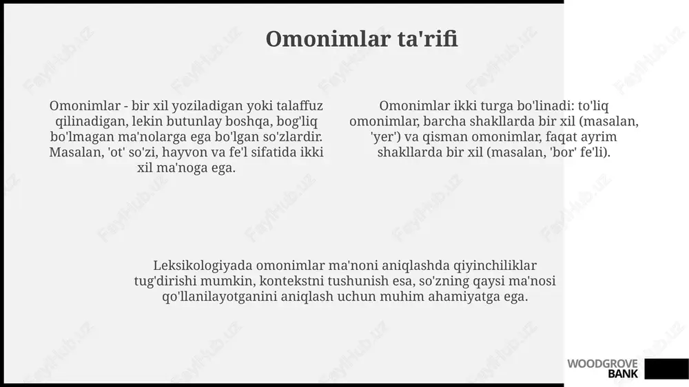y maqsad 3: sinonimlar uslubiy maqsadga ko'ra tanlanishi mumkin. 'gapirish' va 'aytish' bir xil, ammo 'aytish' 4-qism sifatida yuqori badiiy uslubga ega bo'lishi mumkin. kontekst 1: sinonimlar ma'lum bir matn yoki vaziyatda mos kelishi kerak. masalan, 'katta' va 'ulkan' umumiy, ammo 'ulkan' 2-sinf o'quvchisi uchun notanish bo'lishi mumkin. emotsional rang 2: sinonimlar hissiy ta'sir jihatidan farq qilishi mumkin. 'uy' va 'turar joy' deyarli bir xil, ammo 'uy' ko'proq iliqlikni ifodalaydi, 'turar joy' esa 3-shaxs tilida neytral. woodgrove bank omonimlar va sinonimlarning o'zaro aloqasi omonimlar, bir xil yozuvga ega bo'lsa-da, sinonimlar kabi o'xshash ma'nolarni ifodalamaydi; 2ta so'zning o'rtasida ma'noviy bog'liqlik yo'q, faqat tasodifiy shakliy moslik bor. sinonimlar bir xil ma'noni bildiradi, lekin omonimlar bilan aralashtirilmasligi kerak, chunki omonimlarning ma'nolari butunlay farq qiladi va ular 3 xil ma'noni anglatishi mumkin. 1 ta so'z omonim va sinonim vazifasini bajarishi mumkin emas. omonim 2 xil ma'noni bildiradi, sinonim esa 2 ta har xil so'zning …