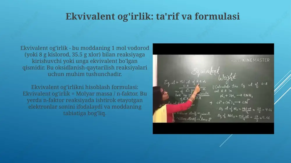 ksiyadagi faolligini ko'rsatadi. titrlash usullari, standart eritmalarni tayyorlash va redoks indikatorlaridan foydalanish, laboratoriya amaliyotida oksidlanish-qaytarilish reaksiyalarini o'rganish va ekvivalent massalarni aniqlashning 0.01 mol aniqlikdagi asosiy vositalaridir. oksidlovchi va qaytaruvchi moddaning ekvivalent og'irligini aniqlash oksidlovchi moddaning ekvivalent og'irligi uning molyar massasini reaksiyada qabul qilgan elektronlar soni (n-faktor) ga bo'lish orqali aniqlanadi, masalan, kmno4 uchun 5. qaytaruvchi moddaning ekvivalent og'irligi uning molyar massasini reaksiyada bergan elektronlar soniga (n-faktor) bo'lish orqali aniqlanadi, masalan, fe2+ uchun 1. e'tiboringiz uchun rahmat image1.png image2.png image3.jpg image4.jpg image5.jpg image6.jpg image7.jpg image8.jpg image9.jpg image10.jpg image11.jpg