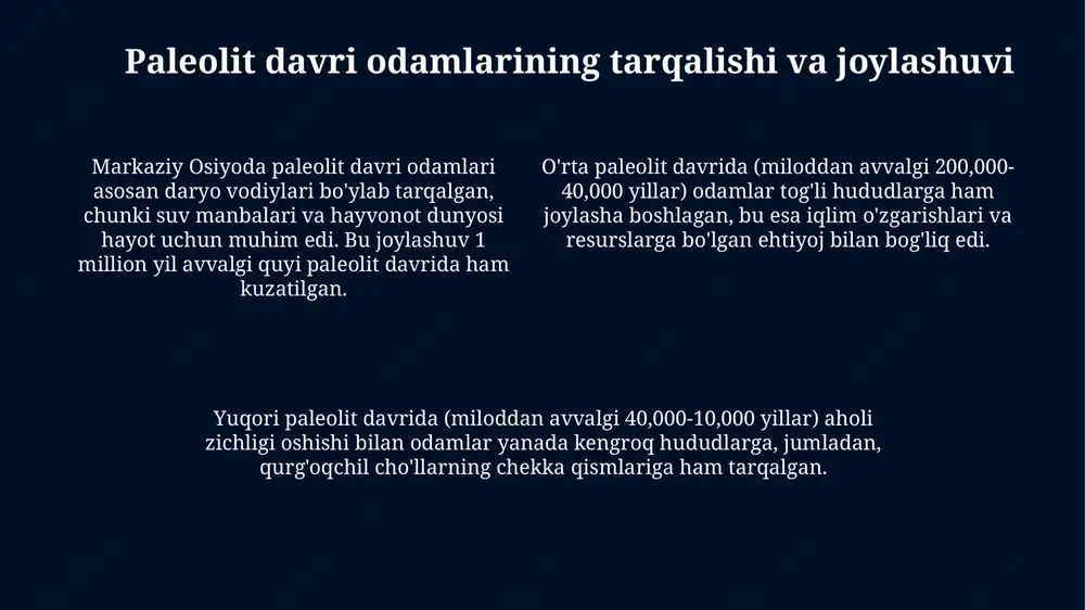 . markaziy osiyoning boshqa mintaqalar bilan aloqalari markaziy osiyo paleolit davrida sibir bilan aloqalari kuzatilgan, jumladan, 50,000 yil avvalgi denisov odamlarining genetik izlari bu hududlarda topilgan arxeologik topilmalar bilan tasdiqlanadi. yuqori paleolit davrida sharqiy yevropa bilan aloqalar tufayli, markaziy osiyoda mikrolitlar va suyakdan yasalgan qurollar paydo bo'lishi kuzatilgan. bu texnologiyalar 25,000 yil avval tarqaldi. o'rta paleolit davrida markaziy osiyo va yaqin sharq o'rtasida tosh qurollar texnologiyasi, xususan, levallua texnikasining tarqalishi kuzatilgan bo'lib, bu aloqalar 40,000-70,000 yil avvalga borib taqaladi. paleolit davri tadqiqotlar tarixi keyingi tadqiqotlar davomida, 20-asrning ikkinchi yarmida, markaziy osiyoda 100 dan ortiq paleolit davri yodgorliklari aniqlandi va o'rganildi. 19-asr oxirida markaziy osiyoda paleolit davri tadqiqotlari boshlandi, dastlabki topilmalar geologik tadqiqotlar natijasida tasodifan aniqlangan. 1930-yillarda o'zbekistonda a.p. okladnikov boshchiligida paleolit davri yodgorliklarini sistemali arxeologik o'rganish ishlari boshlanib, muhim kashfiyotlarga olib keldi. paleolit davri tadqiqotlarining zamonaviy muammolari paleolit davri kontekstini rekonstruksiya qilish qiyin, chunki 14c radiocarbon dating usuli 50,000 yildan …