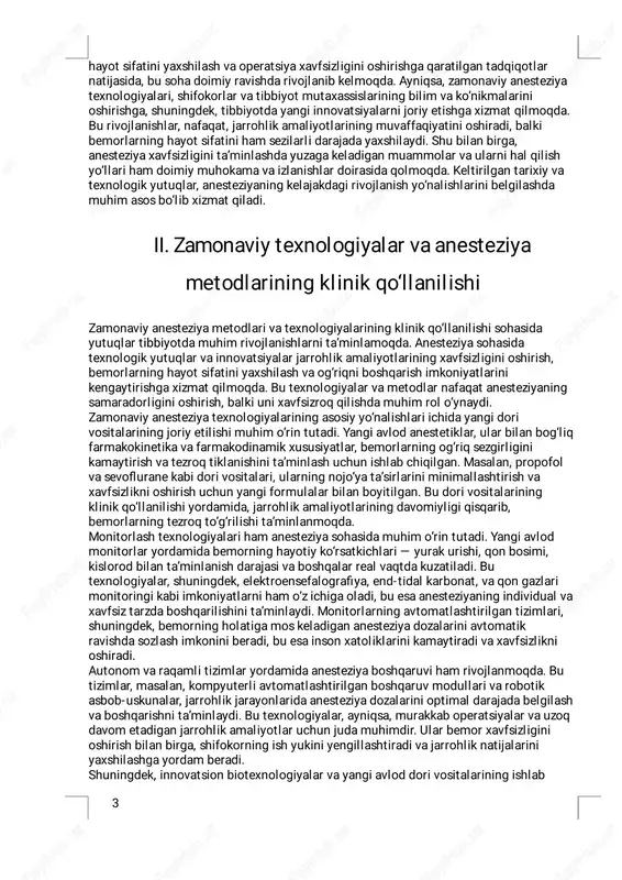 nesteziya uchun mo‘ljallangan, ularning tez yutil ishi, xavfsizl igi va nojo‘ya ta’sirlarining minimal bo‘l ishi bilan ajral ib turadi. shuningdek, monitorlar va avtomatlashtirilgan tizimlar bilan bog‘l iq texnologik yutuqlar, anestetiklar bilan bog‘l iq muammolarni aniqlash va boshqarishdamuhim rol o‘ynaydi. bu esa, anestetiklarni doimiy ravishda quyish va nazorat qil ish jarayonlarini yanada xavfsizroq va samarali qil ish imkonini berdi.� anesteziya sohasining rivojlanishi davomida, ilmiy tadqiqotlar va klinik tajribalar muhim ahamiyat kasb etdi. yangi metodlar va texnologiyalarni ishlab chiqish, bemorlarning 3� hayot sifatini yaxshilash va operatsiya xavfsizl igini oshirishga qaratilgan tadqiqotlar natijasida, bu soha doimiy ravishda rivojlanib kelmoqda. ayniqsa, zamonaviy anesteziya texnologiyalari, shifokorlar va tibbiyot mutaxassislarining bil im va ko‘nikmalarini oshirishga, shuningdek, tibbiyotda yangi innovatsiyalarni joriy etishga xizmat qilmoqda. bu rivojlanishlar, nafaqat, jarrohlik amaliyotlarining muvaffaqiyatini oshiradi, balki bemorlarning hayot sifatini ham sezilarl i darajada yaxshilaydi. shu bilan birga, anesteziya xavfsizl igini ta’minlashda yuzaga keladigan muammolar va ularni hal qil ish yo‘llari ham …