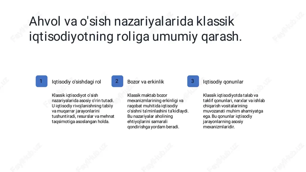 siy manfaatlar asosiy, bozorlar esa resurslarni taqsimlash va iqtisodiy rivojlanishni ta'minlashda muhim rol o’ynaydi.� 03� zamonaviy ta'siri� klassik iqtisodiy maktabning g'oyalari zamonaviy iqtisodiyotda bozor mexanizmlari, raqobat va erkinl ik konseptlarining asosiy poydevorini tashkil etadi, ularni tushunish muhim.� klassik iqtisodiy maktabga muqobil iqtisodiy nazariyalar va ularga xissa qo‘shgan olimlar� 1� « nufus qonuni» t.maltus� « nufusqonni» t.maltus resurslarning cheklanganligi vachtiyojlarning cheksizligi sharoitida aholi ehtiyojlarini qondirishuammosiga o'ziga xos tarzda yondashdi. u oʻzining "nufusqonunio'risida tajriba" asarida aholi soni juda tez koʻpayib boradi, ozig-ovoat mahsulotlarning o'sishi esa, ancha orqada qolib ketadi debichontirishga uringan. t.maltusaholining ko'payishini cheklovchiuavyan chora-tadbirlar qo l̒lanilmasa, insoniyat ocharchilikka duchkeladi deb 2� genri charlz keri genri charlz keri (1793-1879) inglizsiyosiy iqtisodiga keskin qarshi chiqib, aqshkapitalizmini madh etdi. uning asosiy asaricmanfaatlar uyg'unligi» (1872) kitobidir.g.kerining qarashlari angliyaga qarshi rubdaedi. u rikardoning ta'limoti va maltusaqidalarini rad qildi.g.kerining metodologiyasi subyektividealizm va mexanisizm bilan obyektivtabiat qonunlarigaiqtisodiy qonunlarnialmashtirish bilan xarakterlanadi.� 3� djon styuard mill� djon styuard mill (1806-1873)iotisodiyotga …