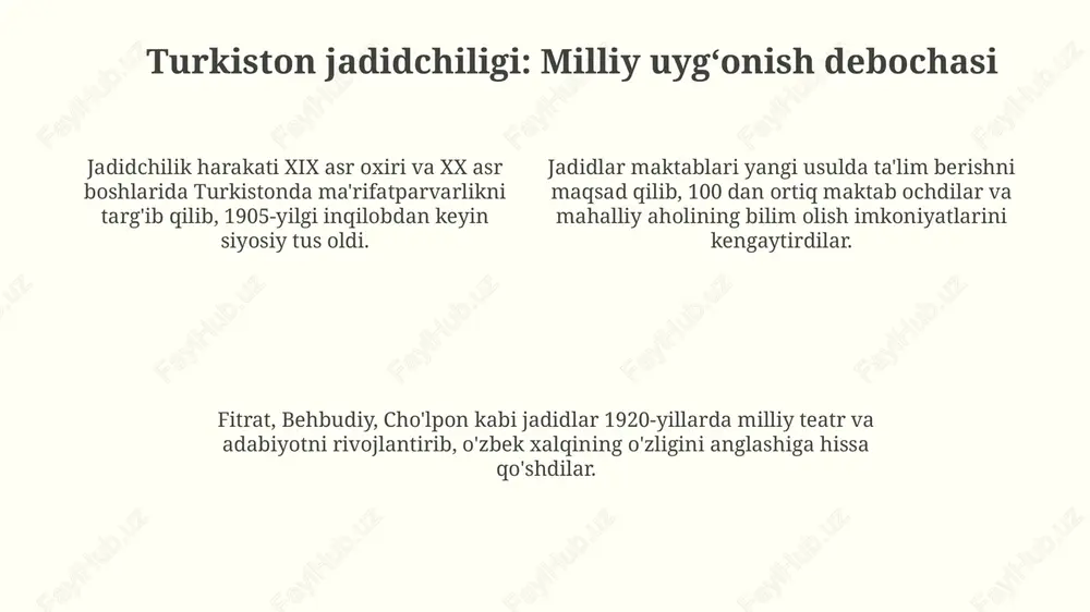 1991-1995 yillarda mamlakatda davlat va jamiyat qurilishining asosiy yoʻnalishlarini belgilovchi yangi konstitutsiya qabul qilindi hamda demokratik islohotlar boshlandi. 1993-yilda oʻzbekiston milliy valyutasi – soʻm muomalaga kiritildi, bu iqtisodiy mustaqillikni taʼminlash, inflyatsiyani nazorat qilish va pul-kredit siyosatini mustaqil olib borishga yordam berdi. mustaqillikning mafkuraviy asoslari: milliy gʻoya milliy gʻoyaning muhim jihati – bu 130 dan ortiq millat va elat vakillarining oʻzbekistonda tinch-totuv yashashini taʼminlash, bagʻrikenglik va millatlararo totuvlikni mustahkamlashdir. milliy gʻoya “milliy taraqqiyot konsepsiyasi”da mujassam boʻlib, 5 ta asosiy tamoyilga ega: mustaqillikni mustahkamlash, ijtimoiy barqarorlik, iqtisodiy oʻsish, ma’naviy yuksalish va xalqaro hamkorlik. milliy gʻoya, oʻzbek xalqining 14-asrdagi buyuk mutafakkiri amir temurning “kuch – adolatda” degan shiori asosida qurilgan davlatchilik anʼanalariga sodiqligini anglatadi. milliy oʻzlikni anglash: oʻtmishga nazar, kelajakka ishonch milliy oʻzlikni anglashda ix-xii asrlardagi imom buxoriy, at-termiziy kabi allomalarning islomiy merosi muhim rol oʻynaydi, bu esa madaniy identifikatsiyani shakllantiradi. xx asr boshlarida jadidlar harakati milliy teatr, matbuot orqali oʻzbek tilini rivojlantirib, …