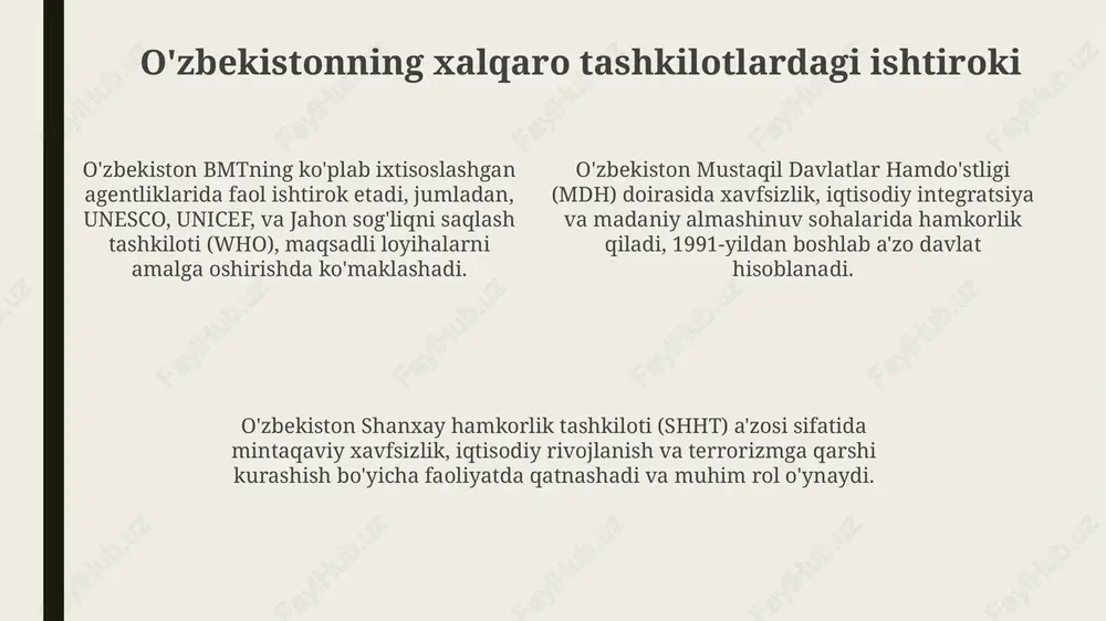 yadro xavfsizligiga o'z hissasini qo'shmoqda va 2021-yilda ushbu yo'nalishda muhim konferentsiyaga mezbonlik qildi. ekologik muammolar va barqaror rivojlanish o'zbekiston orol dengizi qurishi natijasida kelib chiqqan ekologik muammolarni hal qilish uchun 2030 yilgacha mo'ljallangan barqaror rivojlanish maqsadlariga erishishga qaratilgan milliy dasturlarni amalga oshirmoqda. o'zbekiston biologik xilma-xillikni saqlash, cho'llanishga qarshi kurashish va suv resurslaridan oqilona foydalanish bo'yicha xalqaro konventsiyalarga qo'shilgan va bu borada faol hamkorlik qilmoqda. respublika chiqindilarni boshqarishni takomillashtirish, qayta tiklanadigan energiya manbalaridan foydalanishni kengaytirish orqali atmosfera ifloslanishini kamaytirish bo'yicha aniq chora-tadbirlarni ishlab chiqdi va ularni hayotga tatbiq etmoqda. inson huquqlari va demokratiya o'zbekiston hukumatining 2021-2026 yillarga mo'ljallangan inson huquqlari bo'yicha milliy strategiyasi inson huquqlarini himoya qilish sohasidagi milliy qonunchilik va amaliyotni xalqaro standartlarga muvofiqlashtirishni maqsad qilgan. o'zbekiston konstitutsiyasi 39-46 moddalari ijtimoiy-iqtisodiy huquqlarni kafolatlaydi, shu jumladan, mehnat qilish, ijtimoiy ta'minot va uy- joyga bo'lgan huquqlarni, ammo amalda bu huquqlarning ta'minlanishi cheklangan bo'lishi mumkin. 2016-yildan boshlab o'zbekistonda sud-huquq islohotlari doirasida sud tizimining …