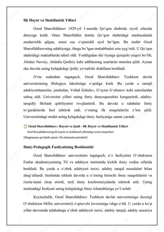 qiladi. ozod sharofiddinovning hayoti va ijodi o‘zbek adabiyotiga, ilm-faniga, ma’naviyatiga qo‘shgan ulkan hissasi bilan yorqin sahifa bo‘lib qoladi. uning xotirasi va asarlari adabiyot muxlislari qalbidan abadiy o‘rin olgan. ozod sharofiddinov: ijtimoiy faoliyati va e'tirofi📊 ushbu jadval ozod sharofiddinovning ijtimoiy faoliyati va uning adabiy merosiga berilgan e'tiroflarning asosiy jihatlarini taqqoslaydi. faoliyat turi asosiy yo'nalishlari e'tirof shakllari ta'siri adabiy tanqid o'zbek adabiyotining yutuqlari va «o'zbekiston xalq yozuvchisi» unvoni, o'zbek adabiyotshunosligi hayoti va ijodi kamchiliklarini tahlil qilish, adabiy jarayonni rivojlantirishga hissa qo'shish. turli adabiy mukofotlar laureati rivojiga, yosh tanqidchilarning shakllanishiga katta ta'sir ko'rsatgan. jamoat arbobi ijtimoiy-siyosiy mavzularda maqolalar yozish, milliy g'oyani targ'ib qilish, ma'naviyatni yuksaltirishga qaratilgan tadbirlarda ishtirok etish. o'zbekiston respublikasi oliy majlisi deputati jamiyatda adolat, ma'naviyat va milliy g'oyalarni mustahkamlashga katta hissa qo'shgan. pedagogik faoliyat universitetlarda talabalarga adabiyotshunoslik va tanqid nazariyasidan saboq berish, ilmiy kadrlar tayyorlash. professor, filologiya fanlari doktori ilmiy darajalari. ko'plab shogirdlar yetishtirgan, ularning ilmiy va adabiy salohiyatini oshirishga yordam …