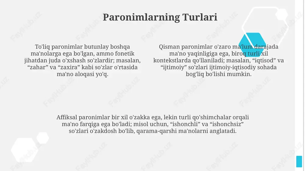 paronimlar 3-4 xil ma'noga ega bo'lib, to'g'ri tarjima qiyinlashadi. paronimlar bilan ishlashning amaliy ahamiyati tarjima jarayonida paronimlar bilan ishlash juda muhim, chunki 3-4 ta o‘xshash so‘zlar ma’no nozikliklarini buzishi va kontekstni noto‘g‘ri tushunishga olib kelishi mumkin. paronimlarni to‘g‘ri qo‘llash huquqiy hujjatlarda muhim, chunki hatto 1-2 harf farq qiladigan so‘zlar yuridik matnlarda jiddiy oqibatlarga olib kelishi mumkin. paronimlar adabiyotda obrazlilikni oshirishda muhim rol o‘ynaydi, xususan, ulardan foydalanish orqali matnning 70-80 foizi jozibador bo'lishi mumkin. xulosa va tavsiyalar paronimlardan foydalanishda ehtiyot bo'lish, ayniqsa rasmiy matnlarda, ma'noni buzmaslik uchun muhim. lug'atlardan foydalanish va matnni qayta tekshirish 100% aniqlikka erishishga yordam beradi. paronimlarni o'rganish til boyligini oshiradi, nutq madaniyatini rivojlantiradi va adabiy asarlarni tahlil qilishda 2 karra chuqurroq tushunishga yordam beradi. paronimlar lug'atini tuzishda 3 xil asosiy usuldan foydalanish mumkin: ma'noviy, fonetik va grammatik. har bir usul paronimlarni aniqlashda turli jihatlarni ochib beradi. e'tiboringiz uchun rahmat slide 1 slide 2 slide 3 slide 4 …