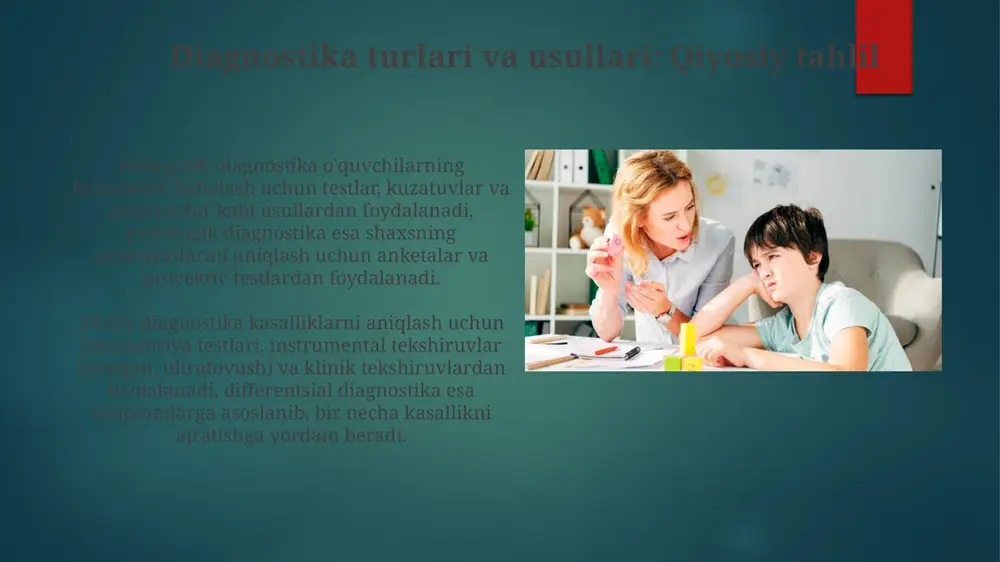 ollar va '95% ishonch oralig'i' kabi statistik usullardan foydalanish orqali xatolarni kamaytirish. standartlashtirilgan usullar yetishmasligi tashxis qo'yishda nomuvofiqlikka olib keladi. yechim: diagnostika standartlari va 'dsm-5' kabi qo'llanmalarga amal qilishni ta'minlash. e'tiboringiz uchun rahmat slide 1 slide 2 slide 3 slide 4 slide 5 slide 6 slide 7 slide 8 slide 9 slide 10 slide 11 slide 12 slide 13 slide 14 slide 15 slide 16