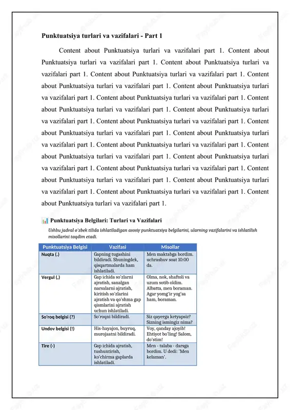 azifalari va vazifalari part 3. content about punktuatsiya turlari va vazifalari part 3. content about punktuatsiya turlari va vazifalari part 3. content about punktuatsiya turlari va vazifalari part 3. content about punktuatsiya turlari va vazifalari part 3. content about punktuatsiya turlari va vazifalari part 3. punktuatsiya belgilarining turlari va vazifalari📊 ushbu jadval o'zbek tilidagi asosiy punktuatsiya belgilarini, ularning vazifalarini va ulardan foydalanish bo'yicha misollarni taqdim etadi. punktuatsiya belgisi vazifasi foydalanish misoli nuqta (.) gapning tugashini bildiradi. qisqartmalardan keyin ham qo'yiladi. bugun havo juda yaxshi. universitet – ta’lim maskani. vergul (,) gap ichida so'zlarni ajratib ko'rsatadi, sanashda ishlatiladi, kirish so'zlaridan keyin qo'yiladi. men olma, nok va uzum sotib oldim. demak, biz boramiz. afsuski, u kelmadi. so'roq belgisi (?) so'roq gapning oxirida qo'yiladi. siz qayerga boryapsiz? uning ismi nima? undov belgisi (!) hayratlanish, xursandchilik, g'azab kabi his-tuyg'ularni ifodalaydi. qanday ajoyib! o'g'irlik yomon narsa! tire (–) gapda tushib qolgan so'zlarni o'rnini bosadi, gapni …