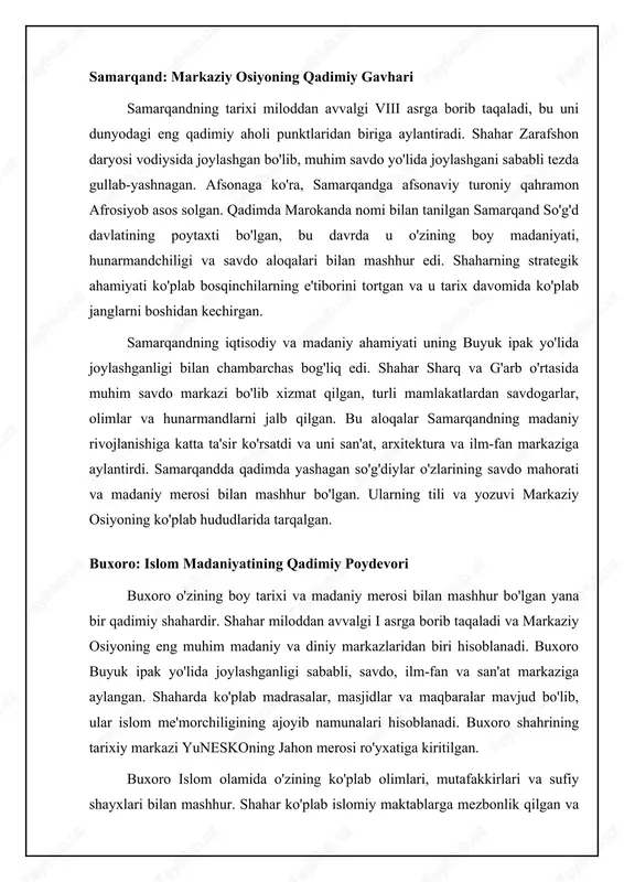 b, minorai kalon, kalon masjidi va mir arab madrasasidan iborat. kalon masjidi o'rta osiyodagi eng katta masjidlardan biri hisoblanadi. mir arab madrasasi esa o'rta osiyodagi eng yirik madrasalardan biri bo'lib, unda islom ilmlari o'qitilgan. shuningdek, buxoro shahrida labi hovuz majmuasi, chor minor madrasasi, abdulazizxon madrasasi kabi ko'plab me'moriy yodgorliklar mavjud bo'lib, ular buxoro shahrining tarixiy merosini tashkil etadi. ⚖️ qadimgi shaharlar: buxoro, samarqand va toshkent buxoro, samarqand va toshkent qadimgi shaharlarining taqqoslanishi item tarixiy ahamiyati me'moriy yodgorliklar madaniy markaz geografik joylashuvi buxoro yuqori ko'p yuqori markaziy samarqand yuqori ko'p yuqori markaziy toshkent o'rta kamroq o'rta shimoliyroq madaniyat va me'morchilik yodgorliklari turistik salohiyatning qiyosiy tahlili va iqtisodiy ahamiyati buxoro, samarqand va toshkentning turistik salohiyatini qiyosiy tahlil qilganda, ularning har biri o'ziga xos xususiyatlarga ega ekanligi ko'rinadi. buxoro o'zining yaxlit saqlanib qolgan tarixiy markazi, ko'plab madrasalari va minoralari bilan ajralib turadi. samarqand esa registon maydoni, go'ri amir maqbarasi kabi monumental obidalari bilan …