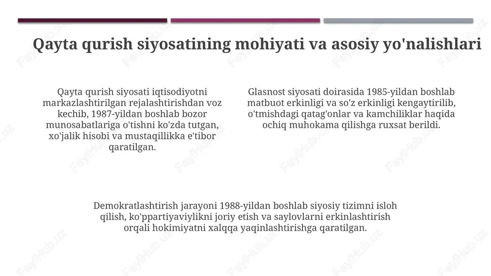 ytirdi. markaziy hukumatning paxta rejasini bajarish talabi toshkentni iqtisodiy jihatdan qaram qilib qo'ydi, bu esa moskva va toshkent o'rtasidagi ziddiyatni yanada kuchaytirdi. paxta ishi fosh etilishi markazning o'zbekiston kompartiyasiga ishonchsizligini ko'rsatdi, bu esa respublika siyosiy elitasida jiddiy qarshilik va norozilikni keltirib chiqardi. mustaqillik harakatlarining boshlanishi markaziy hukumatning “paxta ishi” tergovi davomida mahalliy elitaning qatagʻon qilinishi, 1991-yilga kelib oʻzbekiston xalqining moskvadan uzoqlashishiga va mustaqillik harakatlarining jadallashuviga olib keldi. 1980-yillarning oxirida oʻzbekistonda milliy oʻzlikni anglash kuchayishi bilan ilk norozilik harakatlari paydo boʻldi, bu esa 1989-yilda fargʻona voqealari kabi etnik toʻqnashuvlarga olib keldi. “qayta qurish” siyosati davrida siyosiy erkinliklar cheklanganligi sababli, 1990-yilda “erk” va “birlik” kabi norasmiy tashkilotlar tuzildi, ular mustaqillik talablari bilan chiqishdi. paxta ishi: fosh etilish jarayoni paxta ishi fosh etilishi 1983-yilda boshlanib, sssr bosh prokuraturasi tomonidan olib borilgan yirik korruptsiyaga qarshi tergov edi, unda millionlab rubl o‘g‘irlangani aniqlandi. tergov jarayonida 800 dan ortiq mansabdor shaxs hibsga olindi, jumladan o‘zbekiston kompartiyasi …