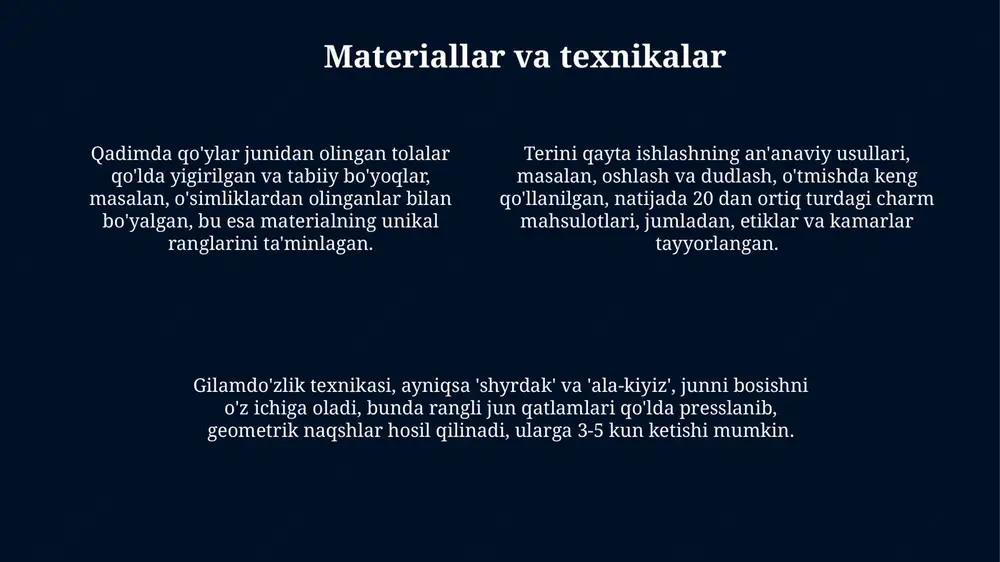 tanlovi va tikish texnikasi geografik sharoit va resurslar bilan belgilanadi, bu esa liboslarning funksionalligini oshiradi, ayniqsa 1000 yillik tarixda. savol-javob savol-javobda zamonaviy moda tendensiyalari va milliy liboslarning integratsiyasi, masalan, 'kalpak' elementining zamonaviy kiyimdagi o'rni muhokama qilinishi kutiladi. savol-javob sessiyasida qaysi materiallar ko'proq qo'llanilganligini, masalan, jun, ipak va paxta nisbatini aniqlashtirish so'ralishi mumkin. bu tarixiy va geografik omillarga bog'liq. liboslardagi naqshlar va ramzlar ma'nosi haqida savollar tug'ilishi mumkin, masalan, 'tuya izi' naqshi oilaviy farovonlikni anglatishi va mintaqalarda farq qilishi haqida ma'lumot berish kerak. e'tiboringiz uchun rahmat slide 1 slide 2 slide 3 slide 4 slide 5 slide 6 slide 7 slide 8 slide 9 slide 10 slide 11 slide 12 slide 13 slide 14