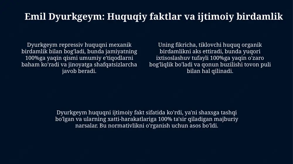 larni tartibga solish va jamiyat a'zolarining huquq va erkinliklarini himoya qilish. huquqning ijtimoiy funktsiyalari davlat tomonidan 4 funktsiyani amalga oshiradi: ijtimoiy nazoratni ta'minlash, ziddiyatlarni bartaraf etish, tenglikni kafolatlash va ijtimoiy o'zgarishlarni boshqarish. huquq va ijtimoiy o'zgarishlar huquqning o'zgarishlarga ta'siri, 1800- yillarning oxiridagi mehnat qonunchiligi singari, sinfiy kurashda yaqqol ko'rinadi, bu esa ishchilar huquqlarini himoya qilgan. huquq ijtimoiy o'zgarishlarni shakllantirishi mumkin, 1964-yildagi fuqarolik huquqlari to'g'risidagi qonun kabi qonunlar diskriminatsiyani bekor qilib, ijtimoiy tenglikni sezilarli darajada oshirdi. huquq ijtimoiy o'zgarishlarga javoban o'zgaradi; misol uchun, texnologik taraqqiyot kiberjinoyatchilikka qarshi yangi qonunlarning qabul qilinishiga olib keldi. huquq va davlat: o'zaro munosabatlar huquq davlatning qudratini cheklash uchun xizmat qilishi mumkin, konstitutsiya kabi 1789- yilgi hujjatlar davlatning shaxsiy erkinliklarga aralashuvini chegaralaydi. maks veber ta'kidlaganidek, huquq davlatning monopolistik zo'ravonlikka bo'lgan huquqini qonuniylashtiradi, bu orqali davlat o'z hukmini amalga oshiradi. huquqiy pozitivizmga ko'ra, huquq davlat tomonidan yaratilgan qoidalar yig'indisidir, bu qoidalar 1804-yildagi fuqarolik kodeksida o'z aksini topgan. huquq …