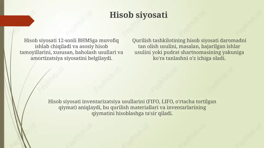 di. yer solig'i va mol-mulk solig'i qurilish tashkilotlari uchun ham muhimdir, soliq stavkalari yer uchastkasining joylashuvi va mol-mulkning qiymatiga bog'liq. soliqlar har yili to'lanadi va mahalliy byudjetga yo'naltiriladi. qurilish kompaniyalari yuridik shaxslardan olinadigan foyda solig'ini (yusuq) to'laydilar, uning asosiy stavkasi 15%. soliq bazasini aniqlashda, xarajatlar daromadlardan chegiriladi va soliq hisoboti yiliga bir marta topshiriladi. dasturiy ta'minot qurilish kompaniyalarida dasturiy ta'minot tanlashda, uning qurilish normalari va qoidalariga muvofiqligi, shuningdek, soliq hisobotining yangi talablariga javob berishi muhim. qurilish tashkilotlarida buxgalteriya hisobi dasturlari, masalan, 1c:buxgalteriya 8.3, moliyaviy operatsiyalarni avtomatlashtirish va xatolarni kamaytirishga yordam beradi. qurilishda dasturiy ta'minot xarajatlar smetasi, loyiha hisobi va shartnoma hisobi kabi o'ziga xos funktsiyalarni qo'llab-quvvatlashi kerak, misol uchun, loyihalar uchun alohida analitik hisob. auditorlik qurilish tashkilotlarida auditorlik tekshiruvi moliyaviy hisobotning ishonchliligi va amaldagi qonunchilikka 100% mosligini aniqlash uchun muhim 1 bosqichdir. auditorlik xulosasi buxgalteriya hisobining to'g'ri yuritilishiga kafolat bermaydi, lekin u 95% ishonch bilan faktlarni ob'ektiv baholash imkonini beradi. …