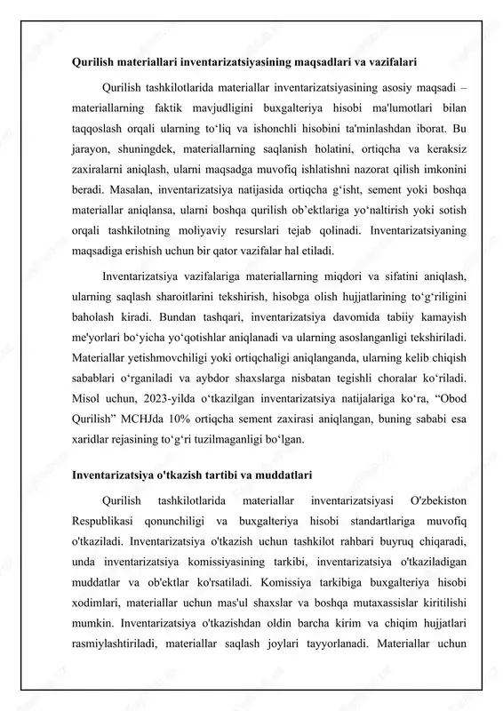 va tashkilot rahbariga taqdim etiladi. agar inventarizatsiya natijasida materiallar yetishmovchiligi yoki ortiqchaligi aniqlansa, tegishli dalolatnoma tuziladi. dalolatnomada aniqlangan tafovutlar, ularning sabablari va komissiya tomonidan taklif etilayotgan choralar ko'rsatiladi. yetishmovchilik yoki ortiqchalikning kelib chiqish sabablari o'rganiladi va aybdor shaxslar aniqlanadi. sabablar tabiiy kamayish, texnologik jarayondagi yo‘qotishlar, hisoblashdagi xatolar yoki o‘g‘irlik bo‘lishi mumkin. inventarizatsiya natijalari buxgalteriya hisobida aks ettiriladi. materiallar yetishmovchiligi moddiy javobgar shaxslardan undiriladi yoki tashkilot xarajatlariga yoziladi (agar aybdor shaxs aniqlanmagan bo'lsa). materiallar ortiqchaligi tashkilot daromadiga kiritiladi. buxgalteriya hisobida inventarizatsiya natijalari asosida tegishli tuzatishlar kiritiladi. materiallar hisobining to‘g‘riligi va ishonchliligi ta’minlanadi. misol uchun, agar inventarizatsiya natijasida 50 kg sement yetishmasligi aniqlansa va uning sababi o‘g‘irlik bo‘lsa, uning qiymati aybdor shaxsdan undiriladi va tegishli buxgalteriya o‘tkazmalari amalga oshiriladi. qurilish tashkilotlarida materiallar inventarizatsiyasining o'ziga xos xususiyatlari inventarizatsiyani o'tkazish tartibi va muddatlari qurilish tashkilotlarida materiallar inventarizatsiyasi, odatda, buxgalteriya hisoboti tuzilishidan oldin, kamida yilda bir marta o'tkaziladi. ba'zi hollarda, masalan, moddiy javobgar shaxs almashganda, …