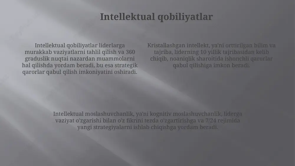 ni belgilaydi, 7/24 soatlik nazorat ostida bo'lishni va qarorlarda xolislikni ta'minlashni talab etadi. axloqiy liderlik 360 daraja fikr-mulohazalarni inobatga oladi, manfaatdor tomonlarga nisbatan hurmatni namoyon etadi va adolatli siyosatga 100% rioya qilishni nazarda tutadi. madaniy sezgirlik madaniy sezgirlik, 10 dan ortiq madaniyat bilan muloqotda bo'lgan lider uchun zarur, boshqa guruhlarning qadriyatlarini hurmat qilish va 7 xil norozilik sabablarini aniqlashga yordam beradi. madaniy sezgirlik 4 asosiy elementni o'z ichiga oladi: xabardorlik, hurmat, bilim va ko'nikmalar. bu liderga 20 dan ortiq millat vakillari bilan samarali ishlashga yordam beradi. madaniy sezgirlikni rivojlantirish 5 bosqichdan iborat bo'lib, jumladan: rad etish, himoya, minimallashtirish, qabul qilish va adaptatsiya. bu 3 ta global loyihada muvaffaqiyatga erishishga yordam beradi. adaptivlik adaptivlik - bu o'zgaruvchan vaziyatlarga 180 daraja moslasha olish qobiliyati, yangi talablarga tezda javob berish va o'zgarishlarni boshqarishda faol rol o'ynashni anglatadi. yuqori adaptiv liderlar 70% holatda noaniqlik va murakkablik sharoitida muvaffaqiyatga erishadilar, chunki ular o'z strategiyalarini tezda …
