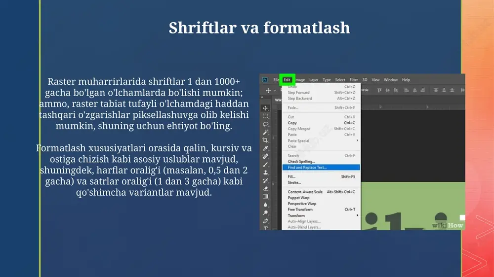 istorsiya filtrlari (masalan, toʻlqin, burilish, siqish) yordamida matnni deformatsiya qiling. bu 3d effektlar yoki stilize qilingan koʻrinishlar uchun juda yaxshi. effektlarni meʼyorida qoʻllash muhim. optimallashtirish va eksport qilish raster muharriridan eksport qilishda fayl hajmini optimallashtirish uchun, lempel-ziv kabi siqish usullaridan foydalaning, ranglar sonini 256 yoki undan kamroqqa qisqartiring, ayniqsa gif formatida saqlanganda. veb uchun optimallashtirishda, 72 dpi piksellar sonini qo'llang va jpeg formatini ishlatishda sifat darajasini 60-80% ga tushiring, bu vizual sifatni saqlab, fayl hajmini kamaytirishga yordam beradi. e'tiboringiz uchun rahmat image4.png image5.jpg image6.jpg image7.gif image8.png image9.jpg image10.png image11.jpg image12.jpg image13.png image14.jpg image15.jpg image16.jpg image17.jpg image18.jpg image2.png image3.png