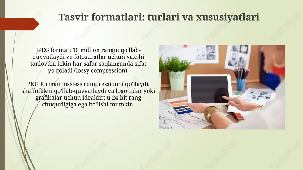 tirib, tasvirni buzadi, masalan, 3d shisha effekti yoki 20-30 graduslik burchak ostida aylantirish, noyob vizual natijalar yaratadi. rasmni saqlash: format tanlash va optimallashtirish jpeg formati fotosuratlar uchun yaxshi tanlovdir, lekin u yo'qotishli siqishni ishlatadi, bu esa 10-15% gacha fayl hajmini kamaytiradi, lekin sifatni pasaytirishi mumkin, shuning uchun ehtiyot bo'lish kerak. png formati logotiplar yoki grafikalar uchun ajoyib tanlovdir, chunki u yo'qotishsiz siqishni qo'llaydi va shaffoflikni qo'llab-quvvatlaydi, lekin fayl hajmi jpeg formatidan 20-30% gacha katta bo'lishi mumkin. bosib chiqarish uchun tayyorlash: oʻlcham va rang sozlamalari bosib chiqarish uchun oʻlchamni sozlashda, maqsadli qurilma va bosma materialga mos keladigan piksellar sonini (dpi) kamida 300 dpi qilib belgilang, bu esa sifatli natijani ta'minlaydi. ranglarni sozlashda cmyk rang modelidan foydalaning, bu esa rgb dan farqli ravishda, bosma ranglarga mos keladi. rang profillarini moslashtirish bosma vaqtida aniqlikni oshiradi. xulosa va savol-javoblar raster muharrirlarida ishlashning afzalliklari va kamchiliklarini muhokama qiling, 72 dpi veb-rasmlar va 300 dpi bosma …