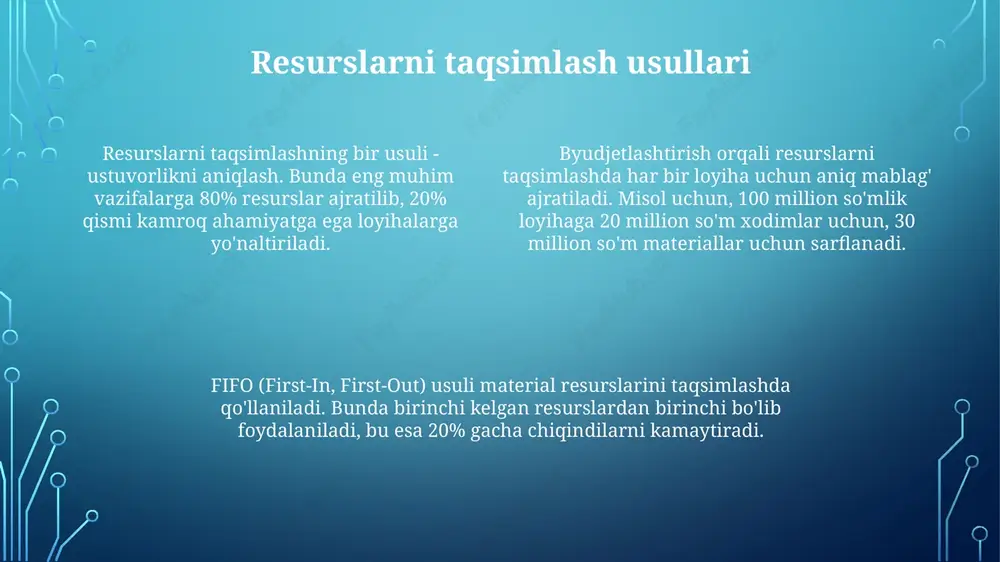 arni aniqlash va byudjetlashni yaxshilash orqali 10-20% tejamkorlikka erishishga yordam beradi. bulutga asoslangan hamkorlik vositalari (google workspace, microsoft 365) jamoalarga real vaqtda hujjatlar ustida ishlash, 15% gacha xatolarni kamaytirish va versiyalarni nazorat qilish imkonini beradi. xodimlarni boshqarish xodimlarning samaradorligini oshirish uchun smart (aniq, o'lchanadigan, erishish mumkin bo'lgan, dolzarb, vaqt bilan cheklangan) maqsadlarni belgilash orqali ularni rag'batlantirish lozim. xodimlarni boshqarish 80/20 qoidasiga asoslangan holda ustuvor vazifalarni belgilashni o'z ichiga oladi, bu yerda 20% xodimlar ishlarning 80%ini bajaradi, ularni qo'llab-quvvatlashga e'tibor qaratiladi. xodimlarni boshqarishda malakani oshirish uchun 360 darajali baholash tizimini joriy etish muhim, bu xodimlarga o'z mahoratini oshirish uchun konstruktiv fikr-mulohazalarni taqdim etadi. hamkorlik va muzokaralar hamkorlikda umumiy maqsadlarga erishish uchun 80/20 qoidasidan foydalaning, bu yerda 20% harakatlar 80% natijalarga olib keladi, kelishmovchiliklarni bartaraf etishda muhim ahamiyatga ega. muzokaralarda 'win-win' tamoyiliga amal qiling, bunda har ikki tomon ham foyda ko'radi. bu 5 bosqichli muzokara jarayonida (tayyorgarlik, ochilish, taklif, kelishuv, yopish) muhimdir. …