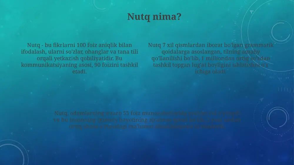kengaytiradi va ularning tushunchalarini shakllantirib, tilda aniq ifoda etishga yordam beradi. tez aytishlar: nutq mashqlari tez aytishlar, nutq mashqlari sifatida, 3-4 tovushli soʻzlarni takrorlash orqali talaffuzni yaxshilaydi, ayniqsa bolalar nutqida 'r', 's', 'l' kabi tovushlar ustida ishlashda yordam beradi. nutq mashqlari orqali 10-15 daqiqa davomida har kuni mashq qilib, bolaning nutq tezligi va aniqligini oshirish mumkin, bu ularning oʻz fikrlarini erkin ifodalashiga ta'sir qiladi. tez aytishlar orqali nutq mashqlari, 5 yoshdan katta bolalarning lugʻat boyligini oshirishga yordam beradi, chunki ular 2 yoki 3 ta yangi soʻzni oʻrganadilar va toʻgʻri talaffuz qilishga harakat qiladilar. o'zbek xalq tez aytishlari o'zbek tez aytishlari ko'pincha alliteratsiya va assonans kabi fonetik usullardan foydalanadi, bu esa talaffuzni qiyinlashtiradi va 2 yoki 3 so'zning takrorlanishiga asoslanadi. ko'plab o'zbek tez aytishlari qishloq hayoti, hayvonlar (masalan, echki, sigir) yoki kundalik buyumlar haqida bo'lib, bolalarga 4-5 qatordan iborat qisqa hikoyalar orqali taqdim etiladi. tez aytishlar nutqni rivojlantirish, talaffuzni yaxshilash va …