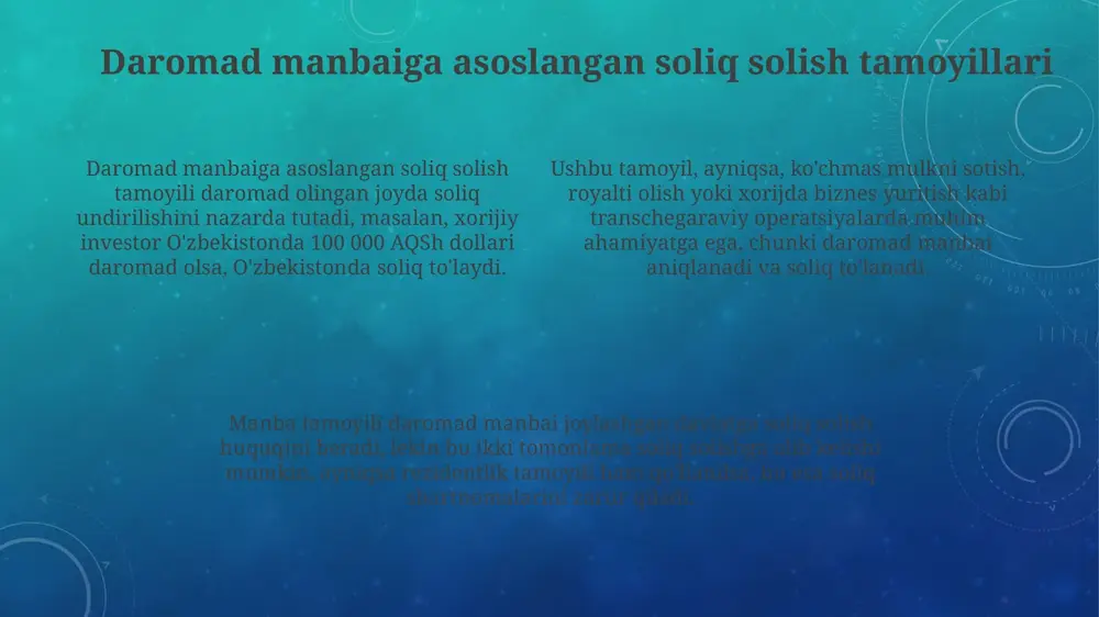 qlash qoidalari muhim rol o'ynaydi. soliq solish shartnomalari soliq solish shartnomalari ikki davlat o'rtasida ikki tomonlama soliq solishni bartaraf etish, soliqdan bo'yin tovlashning oldini olish va soliq ma'lumotlarini almashishni tartibga soladi. soliq shartnomalarida rezidentlik qoidalari va doimiy muassasa tushunchasi kiritilgan bo'lib, bu qoidalar orqali daromadni soliqqa tortish huquqiga ega bo'lgan davlat aniqlanadi. ko'pgina soliq shartnomalari oecd model konventsiyasiga asoslangan bo'lib, dividendlar, foizlar va royaltilar uchun soliq stavkalarini cheklash orqali transchegaraviy investitsiyalarni rag'batlantiradi. soliqdan bo'yin tovlash va soliqni chetlab o'tish beps loyihasi kabi xalqaro tashabbuslar soliqni chetlab o'tishga qarshi kurashishga qaratilgan bo'lib, ko'p millatli korxonalar tomonidan soliqlarni sun'iy ravishda kamaytirishning oldini olishga qaratilgan. soliqdan bo'yin tovlash (tax evasion) qonunga xilof harakat bo'lib, soliq to'lashdan qasddan qochishni anglatadi. bu jinoiy javobgarlikka sabab bo'lishi mumkin va katta jarimalar bilan yakunlanadi. soliqni chetlab o'tish (tax avoidance) esa qonuniy usullar orqali soliq yukini kamaytirishni nazarda tutadi. masalan, soliq imtiyozlaridan foydalanish va qonuniy tuzilmalarni yaratish orqali. …