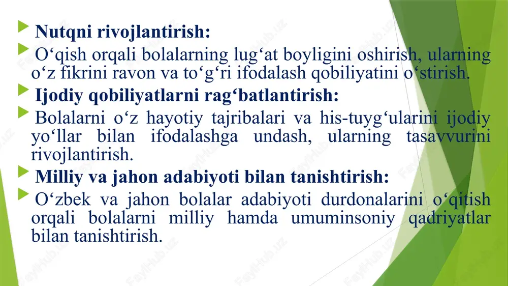 drat hikmat, quddus muhammadiy, shukur sadulla, hakim nazir, poʻlat moʻmin va boshqa ijodkorlarning asarlari oʻzbek bolalar adabiyotining rivojlanishida, maxsus adabiyot sifatida shakllanishida muhim ahamiyatga ega boʻldi. oʻzbek bolalar adabiyoti da ayniqsa, adabiy ertak janri rivojlandi. hamid olimjonning oygul va baxtiyor, „semurgʻ yoki parizod va bunyod“, mirtemirning „ajdar“, shukur saʼdullaning „uch ayiq“, „ayyor chumchuq“, zafar diyorning „yangi ertak“, „toshxon bilan moshxon“, „tulkining hiylasi“, sulton joʻraning „zangor gilam“ va „qaldirgʻoch“ singari adabiy ertaklari xalq ogʻzaki ijodi anʼanalari asosida yaratilgan, shakl va mazmun jihatdan puxta badiiy asarlar sirasiga kiradi. 30-yillarda oʻzbek bolalar sheʼriyati yuksalib, uning mavzu doirasi kengaydi. 40-60 yillarda oʻzbek bolalar adabiyoti yanada rivojlandi, bolalar yozuvchilarining safi nosir fozilov, xudoyberdi toʻxtaboyev, tolib yoʻldosh, farhod musajonov, latif mahmudov va boshqa qalamkashlar hisobiga kengaydi. uygʻun, mirtemir, asqad muxtor, said ahmad, shuhrat, mirzakalon ismoiliy, mirkarim osim singari kattalar adabiyoti vakillari ham bolalarga atab asarlar yaratdilar. quddus muhammadiyning besh kitobdan iborat „tabiat alifbosi“ yosh kitobxonlarni ona …