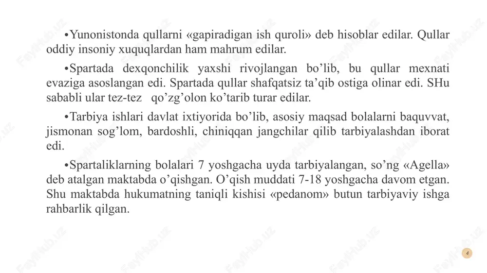 tganlaridan keyin «polestra» kurash maktabi deb atalgan o’quv yurtiga o’tar edilar. bu o’quv yurtida ular 23 yil davomida jismoniy mashqlar bilan shug’ullanar edilar. masalan: sakrash, yugurish, kurash tushish, disk va nayza irgitish mashqlari va suvda suzish o’rgatilgan. spartadagi kabi afina maktablarida ham o’quvchilar bilan siyosiy va axloqiy masalalarda suhbatlar o’tkazilgan, o’qish tekin bo’lgan. «gimnasiy» maktabida polestra maktabini tugatgan badavlat o’lla farzadlari tahsil olganlar. ularga falsafa, siyosat, adabiyot fanlari o’rgatilgan. bu maktabni tugatgan yoshlar davlatni boshqarishda qatnashishlari mumkin bo’lgan. «efeb» maktabida 18-20 yoshga qadar tahsil olganlar. 7 qadimgi yunoniston faylasuflari tarbiya to’g’risida yunonistonda maktab va madaniyatning tez rivojlanishi pedagogika nazariyasining xam tug’ilishiga imkoniyat yaratdi. pedagogika nazariyasiga olim va faylasuflardan suqrot, platon, aristotel va demokritlar asos soldilar. ular o’z qarashlari bilan ta’lim-tarbiya rivojlanishiga juda katta xissa qo’shdilar. quyida bu faylasuf olimlar xaqida qisqacha to’xtalib o’tamiz. suqrot. (eramizdan avvalgi 469—399 yillar) o’zining demokratik ijtimoiy kelib chiqishiga qaramay (u kambag’al xunarmand, ya’ni xaykaltarosh o’g’li) …