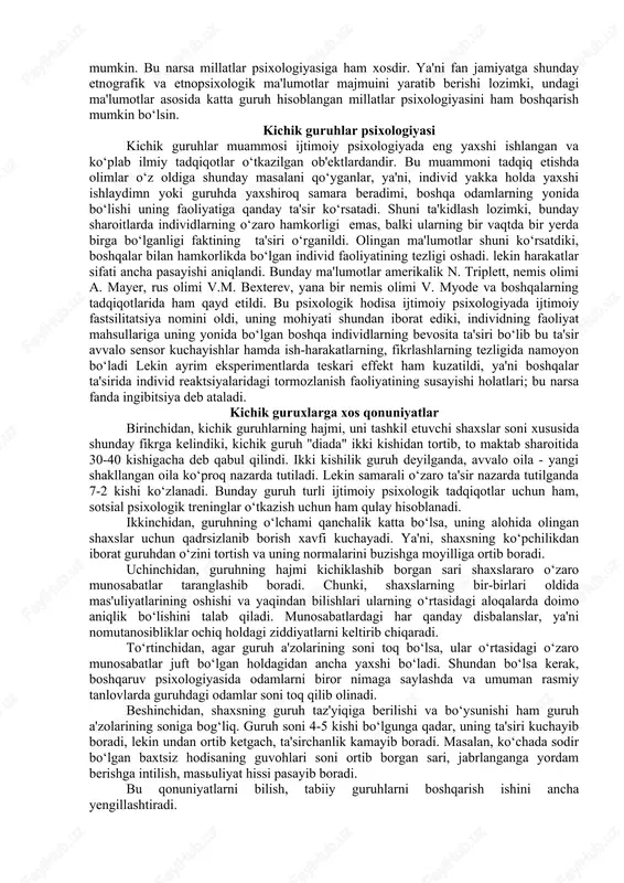 k etnik guruhlar psixologiyasi ijtimoiy psixologiyada katta guruhlar ichida etnik guruhlar psixologiyasi, ya'ni etnopsixologiya bo‘yicha ko‘proq tadqiqotlar o‘tkazildi. ayniqsa, hozirgi davrda har bir jumhuriyatlar alohida, mustaqil davlat mavqeini olgan, lekin boshqa tomondan qaraganda, hamdo‘stlik mamlakatlari ittifoqi sharoitida millatlar o‘rtasida muttasil aloqalar mavjudligidan kelib chiqib, milliy psixologiya masalalari kun tartibida avvalgidan ham muhim masala sifatida qo‘yilmoqda. shuning uchun ham katta guruhlar ichida milliy guruhlarga ko‘proq e'tibor berishni lozim topdik. bunday e'tiborning yana bir boisi — o‘zbekistonda bu sohada ayrim tadqiqotlarning o‘tkazilganligi, lekin ular ko‘p hollarda milliy psixologiya darajasiga olib chiqilmaganligidandir. etnopsixologiya — bu psixologiyaning shunday tarmog‘iki, u ayrim olingan millatlar psixologiyasidan tashqari, turli xalqlar psixologiyasini, kichik milliy guruhlarni ham o‘rganadi. ma'lumki, bu boradagi birinchi ilmiy tadqiqotlar v. vundt tomonidan olib borilgan edi. uning tadqiqotlaridagi ''xalq" tushunchasi aslida etnik uyushma ma'nosida tushuntirilgan edi. uning fikricha, etnik guruhlar psixologiyasini o‘rganish uchun ularning tilini, odatlarini va ana shu xalqlarda keng tarqalgan afsonalar va boshqa …
