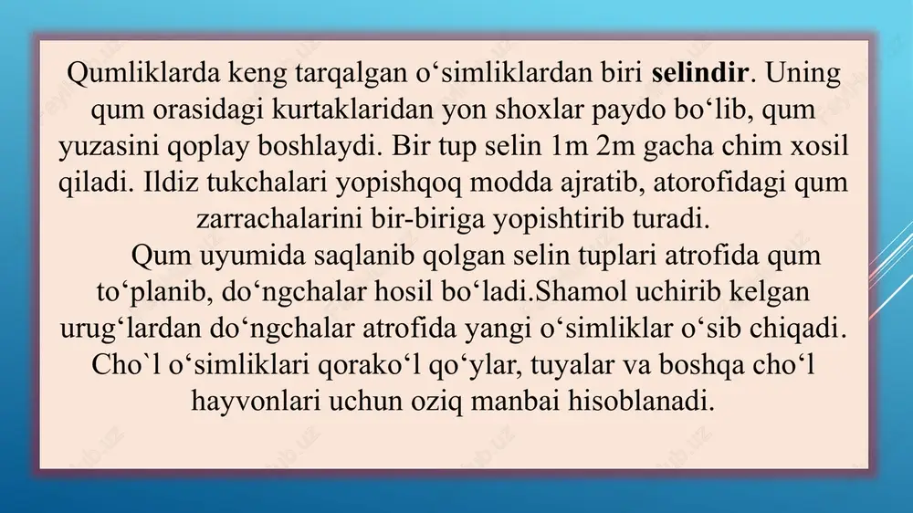 o‘lni sovun bilan yuvish zarur. to‘qay o‘simliklari. to‘qay deganda daryo bo‘ylaridagi sernam yerlar tushunilib, u joylarda nam sevar o‘simliklardan qamish, ro‘vak, shirinmiya, qo‘g‘a yantoq; daraxt va bo‘talardan esa turang‘il, yulg‘un, tol, jiyda kabilarni ko‘rsatish mumkin. to‘qaylardagi o‘simliklar bir tekis tarqalmagan. bir joyda turang‘il ustunlik qilsa, boshqa yerda yulg‘un ko‘p tarqalgan bo‘ladi. to‘qaylar daryo soxillarini yemirilishdan saqlaydi; chorva mollari uzun oziq manbai xisoblanadi va ma’lum darajada cho‘llarning quruq havosini yumshatadi, qurulish materiallari sifatida ham ishlatiladi. o’simliklar dunyosiga inson faoliyatining ta’siri o’zbekistonda yovvoyi holda o’sadigan yuksak o’simliklarning 4000 dan ortiq turlari mavjud. ular 1028 ta avlod va 145 ta oilaga mansub bo’lib: daraxt, buta, butacha, chala buta, o’tsimon va suvo’tlar ko’rinishida o’sadi. o’simliklar butun yer yuziga tarqalgan bo’lib, faqat quruqlikda emas, balki ko’l, dengiz va okeanlarda, ba’zan, ancha katta chuqurliklarda ham o’sadi. yashil o’simliklar havodan karbonat angidrit gazini o’zlashtirib, yashil pigment – xlorofill yutgan quyosh nuri yordamida (urug’da) uni ildiz orqali tuproqdan …