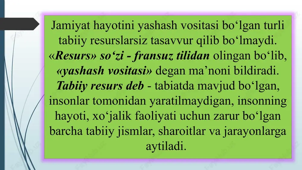 linmoqda: - tabiiy resurslardan qazib olish jarayonida zamonaviy, tejamkor va atrof muhitga imkoniyati bor darajada bezarar texnologiyalarning qo‘llanishi. masalan, ko‘mirni, boshqa qazilma boyliklarni qazib olishda ochiq usulga qaraganda ko‘proq yopiq usullardan foydalanish; - qazib olingan qayta tiklanmaydigan resurslardan kompleks ravishda foydalanib, chiqindiga chiqarmasdan ishlatilish. qazib olingan rudadan nafaqat oltin yoki qimmatbaho metallar ajratib olib rudani oqova suvlarga yuvib yu,borish balki yangi texnologiyalarni joriy etib rudadan to‘liq foydalanib tarkibidagi boshqa metallarni ham ajratib olish. neft mahsulotlarini qayta ishlash jarayonlarida qo‘llanadigan texnologiyaga bog‘langan holatda neftdan 60 % dan 85-90% gacha benzin olish mumkin. - tugaydigan resurslardan tugamaydigan resurslarga o‘tish. kelajakda quyosh radiatsiyasini quyosh energiyasiga to‘g‘ridan to‘g‘ri aylantirishning nisbatan arzon usullari yaratilsa bir qator mamlakatlarning isitish tizimlari uchun sarf etiladigan energiyaning 50 foizini qoplashnishi mumkinligi hisoblab chiqilgan; - qayta ishlash texnologiyalarini keng qo‘llash va chiqindilarni boshqa ishlab chiqarishlarda xom ashyo shaklida ishlatish. aqsh tajribasi shuni ko‘rsatdiki, konserva bankalarni qayta ishlash jarayonida alyuminiy olish …
