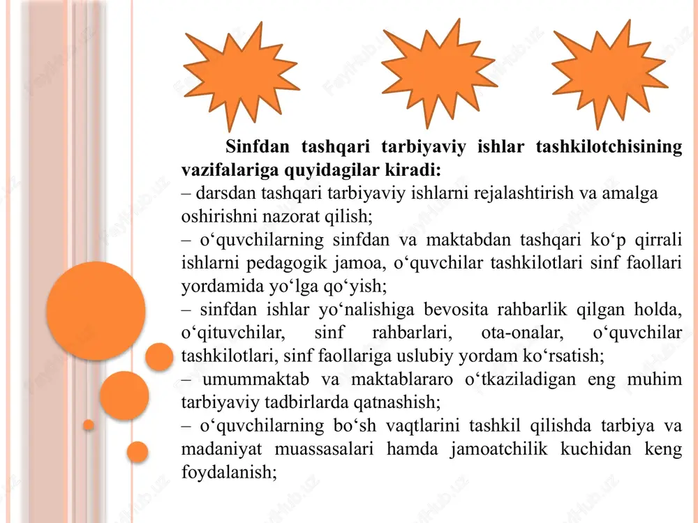 orlik to`garaklari; g) sport to`garagi; d) badiiy havaskorlik to`garagi. maktabdan tashqari faoliyatga quyidagilar kiradi: og'zaki ish usullari: majlislar, yig'inlar, ma'ruzalar, kutubxonalar, konferensiyalar, munozaralar, uchrashuvlar, gazetalar, radio va jurnallar. sinfdan va maktabdan tashqari ishni rejalashtirish bolalarning yosh xususiyatlariga, maktabning joylashgan shart-sharoitlariga, ijodiy birlashmalariga, ilmiy markazlar bilan o'zaro aloqasi kabi ishlarni inobatga oladi. direktor o'rinbosarining faoliyati, o'z ifodasini topgan xujjatlar ro'yxati, xalq ta'limi tomonidan doimiy ravishda berilib boriladi. «sinfdan va maktabdan tashqari tarbiyaviy ishlar» konsepsiyasi xalq vazirligi tomonidan 1993 yilda tasdiqlangan. sinfdan va maktabdan tashqari ishlar metodikasi fani va bo'limiga sinf rahbarlarining ishlari, maktab ma'muriyatining tarbiyaviy ishlari kiritiladi. bunda o'qituvchilarning o'quvchilar bilan muomilasi, adolatli bo'lishi, ta'sir ko'rsata olishi kerak. o'quvchi yoshlarni hozirgi zamon ma'naviyati bilan ongini sug'orish, ya'ni singdirish kerak. o'quvchilarni qadriyatlarimiz asosida urf-an'analarimiz asosida tarbiyalash har bir o'qituvchining vazifasi. sinf rahbarining rahbarligi va nazorati ostida harakat qiladigan o'quvchilar toifasida majburiy ijro etish holati paydo bo'ladi. bunda o'quvchilar ishga unchalik qiziqish bildirmaydilar. …