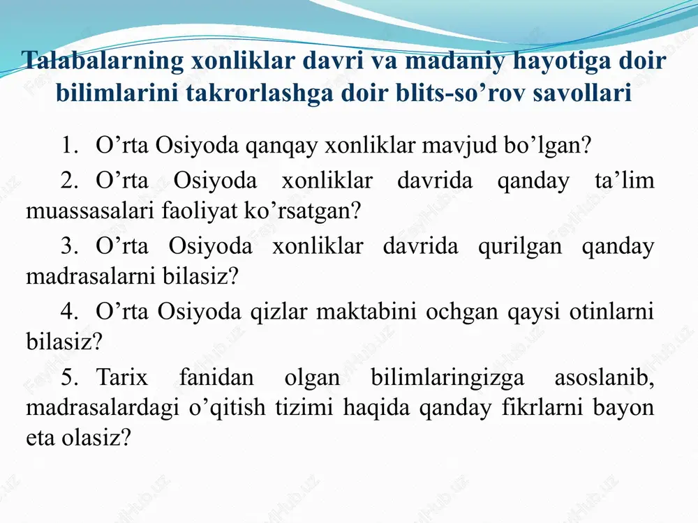 tablarda o‘qitilgan. ayol muallimani o‘lkaning turli hududlarida “otinoyi”, “otinbibi”, “bibiotin”, “bibixalifa” deb ataganlar. qizlar maktabi o‘g‘il bolalar maktablariga nisbatan ancha kam bo‘lgan, ko‘p hollarda maktabdorlarning, imomlarning xotinlari maktabdorlik qilgan. dilshodi barno-ning qizlar maktabi. jahon otin uvay-siyning qizlar maktabi. anbar otinning qizlar maktabi. qizlar maktabida qizlarga savod, diniy va adabiy bilimlar beril-gan. mazkur ta’lim muassasalarini ko’pchi-lik qizlar nazm bilan oshno bo’lib, keyincha-lik o’zlari ham otinoyi-lik bilan shug’ulla-nishgan. otinoyilar faoliyatining o’ziga xosliklari dilshodi barnoning qizlar maktabi jahon otin uvaysiyning qizlar maktabi anbar otinning qizlar maktabi atoqli zullisonayn shoira dilshodi barno 50 yildan ortiq muallimalik qilib, qizlarga xat-savod o‘rgatdi, tab’i nazm qizlarga she’riyat ilmidan dars berdi. dilshod o‘z maktabida yosh qizlarni tarbiyalar, ularga xat-savod o‘rgatar va ularni chuqur bilim egasi qilib chiqarishga intilar edi. shu bilan birga, yosh iste’dodli qizlarga o‘zbek, tojik mumtoz adabiyoti namoyondalarining asarlarini ham o‘rgatar va ularni nafosat ruhida tarbiyalab, o‘z zamonasining ilg‘or kishilari qilib yetishtirishga harakat qilgan. uning maktabida …