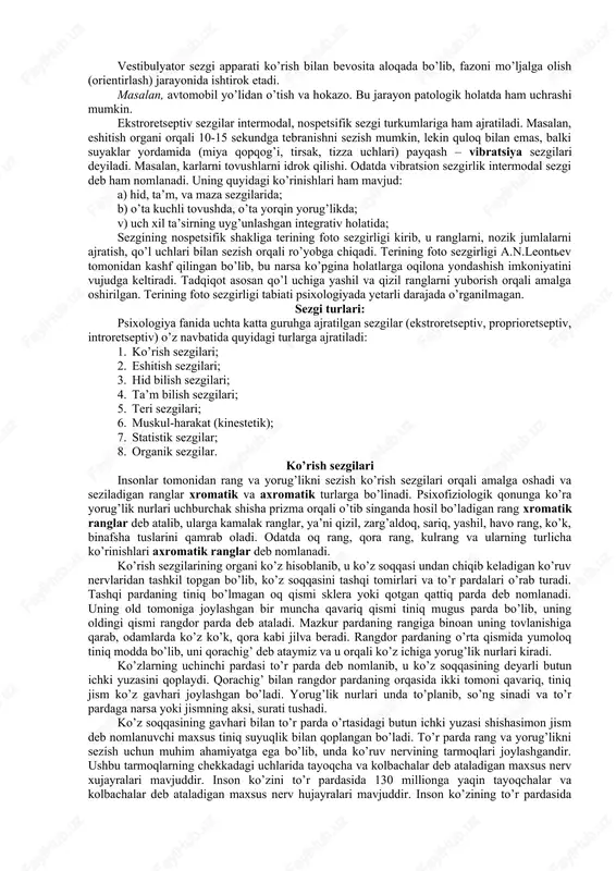 a joylashganligiga qarab tavsiflanadi. jahon psixologiyasi fanining so’nggi yutuqlari hamda atamalariga binoan sezgilar quyidagicha klassifikatsiya qilinadi. ushbu tasniflanishning dastlabki ko’rinishi ingliz olimi ch.sherringtonga taalluqlidir. u retseptorning qaerda joylashganligiga qarab, sezgilarni uch turga bo’ladi. 1. tashqi muhitdagi narsa va hodisalarning xususiyatlarini aks ettirishgamoslashgan hamda retseptorlari tananing sirtqi qismida joylashgan sezgilar, ya’ni ekstroretseptiv sezgilar; 1. ichki tana a’zolari holatlarini aks ettiruvchi hamda retseptorlari ichki tana a’zolarida, to’qimalarda joylashgan sezgilar, ya’ni interoretseptiv sezgilar. 1. tanamiz va gavdamizning holati hamda harakatlari haqida ma’lumot (axborot, xabar) beruvchi muskullarda, bog’lovchi paylarda, mushaklarda joylashgan sezgilar, ya’ni proprioretseptiv sezgilar. sezgilarning tasnifi va bu boradagi tadqiqotlarni tahlil qilamiz. dastlabki mulohazalar interoretseptiv sezgilar u borasida rus psixologi a.r.luriya tadqiqot ishini olib borgan. uning fikricha, interoretseptiv sezgilar asl, tub, ma’nodagi sezgilar emas, balki emotsiyalar bilan sezgilar o’rtasidagi oraliq sezgilar sifatida namoyon bo’ladi. psixologiya fanida mazkur sezgilar to’la o’rganilmaganligi sababli uni “noma’lum hislar” deb atalgan. bu asosan ichki organlarning xastaliklarida vujudga keluvchi …