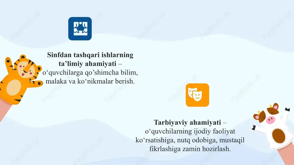 ’ldirib hikoya qilinadi. 2. inssenirovka yoki sahnalashtirishda o’quvchilar o’qilgan hikoyani sahnabop qilib o’zgartiradilar. buning uchun ular hikoyaga ssenariy haqida, kostyum, qatnashuvchilarning imo-ishorasi haqida o’ylaydilar, monologik nutqni dialogik nutqqa aylantiradilar (bu tilni o’rgatish nuqtai nazaridan eng muhim ish hisoblanadi). 3. o’qilgan hikoyaga rasm chizishda o’quvchi rassomlar tomonidan chizilgan rasmlardan o’qilgan asarning mazmuniga mos rasm tanlaydi yoki o’zi rasm chizadi. agar o’quvchi rasmni yaxshi chiza olmasa, o’zi chizmoqchi bo’lgan rasmni og’zaki tasvirlab beradi, ya’ni so’z bilan rasm chizadi. 4. o’qilgan hikoyani davom ettirish usuli maktab tajribasida keng qo’llanadi. bu usul hikoyaning mazmuni uni davom ettirishga imkon beradigan asarlarda qo’llanadi. hikoya mazmunini o’zlashtirish bo’yicha matn asosida quyidagicha ishlar amalga oshiriladi: 1. matn mazmuni yuzasidan o’qituvchi savollariga javob berish. 2. hikoya matni asosidagi savol-topshiriqlarni bajarish. 3. hikoya mazmuni yuzasidan o’quvchilarning savollar tuzishi. 4. hikoya mazmuniga mos rasmlar chizish. 5. hikoya matnini qismlarga bo’lish. 6. har bir qismga sarlavha topish. 7. hikoyaga reja tuzish. 8. …