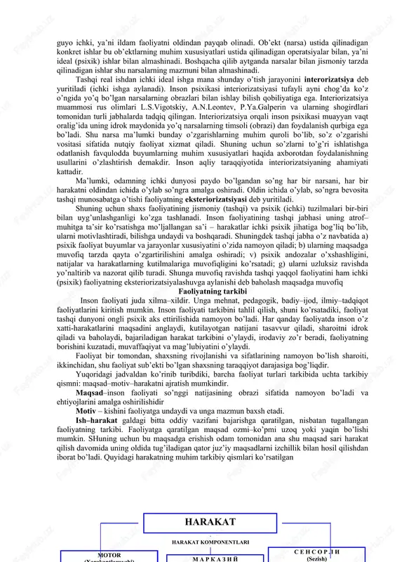 iga ko’ra ahamiyatlidir. ko’rgazmali – yaqqol vaziyatlar bilan boshqariladi predmet va hodisalarni mavhum-lashtirish, ular o’rtasidagi sababiy bog’lanish va munosabatlarni aniqlash mumkin. irsiy jihatdan mustahkamlangan dastur (instinkt)lar asosidagi xatti-harakatlar, ko’nikmalar yakka tartibda hosil bo’lib hayvonning yashash uchun tashqi sharoitlarga moslashishi sifatida namoyon bo’ladi. tajribani berish va o’zlashtirish muloqotning ijtimoiy vositalari (til va boshqa belgilar tizimi) yoki moddiy madaniyat mahsulotlari orqali amalga oshiriladi. yordamchi qurollar, vositalar yasashi mumkin, ammo undan qurol sifatida doimo foydalanmaydi. bir qurol yordamida boshqa qurol yasay olmaydi. mehnat qurollari yasab, uni keyingi avlodlariga ham qoldirishi mumkin. turli predmet va qurollardan foydalanib, yangi qurol va vositalar yarata oladi. tashqi muhitga moslashadi o’z ehtiyojlariga muvofiq tarzda tashqi dunyoni o’zgartiradi. biroq odam, masalan, dastgohni ochlik ehtiyojini qondirish uchun boshqarmaydi. inson faoliyatining mazmuni jamiyat talab qiladigan biron mahsulotni tayyorlash maqsadi bilan belgilanadi. faollik manbai bo’lgan faoliyat yaxshi anglab olingan maqsad bilan belgilanadi. yuqoridagi jadvalda inson faoliyati bilan hayvonlar hatti-harakati o’rtasidagi farqlar aks …