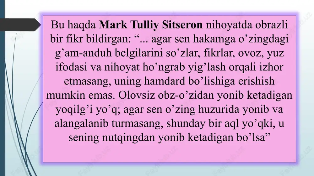 ozibali va nutq mazmuniga uyg’un harakatlar o’rinli kechadi. “majolis un nafois” asarida ana shunday hissiyot bilan so’zlab, kishilarning qalbini to’lqinlantiruvchi notiqlardan biri mavlono riyoziy haqida navoiy shunday yozadi: “va’z aytib, minbarda o’z ash’orin o’qub, yig’lab vajdu hoi qilur erdi”.to’g’ri yuzaki qaraganda, ko’pchilik oldida o’z hissiyotlarini jilovlay olmaslik, asar voqealaridan ta’sirlanib, hatto yig’lash darajasigacha borib yetish erish tuyulishi mumkindir. lekin shunday asarlar ham borki, bu asarlarda inson qalbini junbushga keltiradigan ayrim voqealarni, ta’sirli lavhalarni, hissiyotsiz yoki ko’zga yosh olmasdan o ‘qish aslo mumkin emas. yuqorida ta’kidlaganimizdek, layli va majnunning o’limi bilan bog’liq lavhalarni, yoki “shohnoma” dostonida rustamning bilmasdan o’z o’g’lini o’ldirib qo’yib, boshiga tuproq sochib yig’lashi bilan bog’liq epizodlarni larzaga tushmasdan o’qib bo’lmaydi. ushbu asarlar qanchalik san’atkorlik va mahorat bilan yaratilgan bo’lsa, uning o’qilishi, og’zaki ijrochiligi ham san’atkorlik va mahoratni talab qiladi. aks holda, “eng ajib fikr ham, agar yomon ifodalansa, o’z qimmatini yo’qotadi, agar takrorlanaversa, odamni diqqinafas qiladi” (f.volter). mavlono …