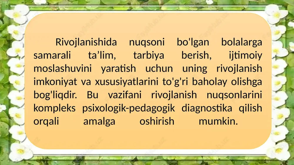 olatini komissiyadan oldin aniqroq bilib olish, rivojlanishidagi nuqsonlar sabablarini aniqlab olish imkonini beradi. misol uchun, pedagog birinchi bo'lib kuchayib borayotgan parishonlik, charchashlik, yig'loqilik alomatlariga e’tiborini qaratadi. vrach esa o'z navbatida bu o'zgarishlarning sabablarini aniqlashga yordam beradi va ularni bartaraf etish uchun kerakli tavsiyalar beradi. har tomonlama va to‘liq o‘rganish tamoyili ham katta ahamiyatga ega. bu tamoyillar bolaning bilish faoliyati, hissiy-idoraviy doirasi va xulqini tekshirishni nazarda tutadi. shuningdek, bolalarning aqliy qobiliyatlarning shakllanishiga ta’sir etadigan jismoniy rivojlanishi ham e’tiborga olinadi. to'liq o'rganish deganda bolaning psixik rivojlanishi alohida olingan qobiliyatlari rivojlanishining yig'indisi emasligini, shuning uchun bola haqida uning idroki, xotirasi yoki psixik funksiyalarning holatini tekshirish asosidagina xulosa chiqarib bo'lmasligini esda tutish lozimligini tushunamiz. bolani har tomonlama, to'liq o'rganish agarda u bolaning faoliyati jarayonida: o'qish, mehnat yoki o'yin faoliyatlarida amalga oshirilsa, muvaffaqiyatli bo'lishi mumkin. bolani o'rganish, tekshirishda foydalaniladigan metodlar ham, materiallar ham ularning yosh va xarakterologik xususiyatlarini e’tiborga olgan holda maksimal darajada individuallashtirilishi lozim. …