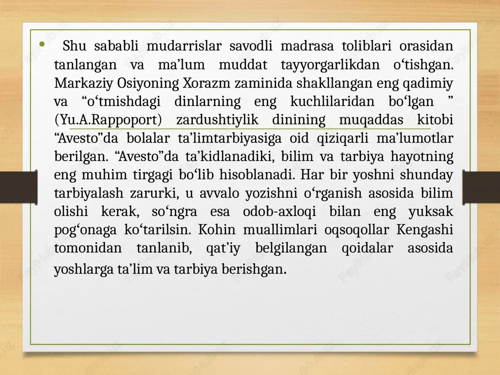 yob asar koʻplab sharq va gʻarb tillariga tarjima qilinib shuhrat qozongan. sharq mutaffakkuirlarining pedagogik qarashlari abul-qosim mahmud ibn umar az-zamaxshariy (1075-1144) jahon ilm-fani va madaniyatiga salmoqli hissa qoʻshgan mashhur olim va adibdir. u oʻz asarlarida halollik va pokizalikni, ilmga muhabbatni, mardlik va olijanoblikni ulugʻlaydi. ulugʻ mutafakkir “navobigʻ ulkalim” (“nozik iboralar”) asarida kishilar ilmli boʻlish, oʻqitish, yozish bilan hosilu mukammal boʻladi, olim kishi oqil, bilimdon va chiroyli xushxat yozuvga ega boʻlsa, bu uning kamolotga yetganligidan dalolatdir, deydi. asarda mudarrislar toʻgʻrisida noyob fikrlar bildirilgan: “murabbiy oʻqib tursagina murabbiy boʻla oladi, agar oʻqishni toʻxtatib qoʻyar ekan, unda murabbiylik oʻladi” shayx muslihiddin sa’diy sheroziy xiii asrda eronda yashab ijod qilgan yirik shoir va mutafakkirdir. u faylasuf-shoir boʻlishi bilan birga tajribali murabbiy ham boʻlgan. shoir “guliston” asarida oʻz davri mudarrislarini turli toifaga boʻlib, ularni ta’riflaydi. qattiqqoʻl oʻqituvchilarni “…basharasi tirishgan, tili zahar, yomon xulqli, odamlarni ranjitadigan, gadoy tabiatlik, ochkoʻz, uni koʻrishi bilan shogirdlarining kayfiyati uchar” shogirdlar …