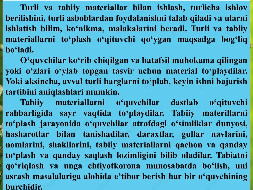 n mo‘ljallangan joylar aniqlanadi. o‘quvchilar e’tiborini va aqliy faoliyatlarini kuzatilayotgan obyektdan mehnat darslarida ishlarni bajarish uchun zarur bo‘lgan asosiy muhim belgilari, elementlari va xususiyatlarini ajratishga, to‘planayotgan materialni to‘g‘ri baholashga yo‘llaydigan savollar ro‘yxati tuziladi. daraxtzorga kelganda bolalar kayfiyati ko‘tarilib, ular har narsaga qiziqish bilan qaraydilar, barglar, ularning ranglari, shakllari bolalarni ajablantiradi. ular tabiatning butun go‘zalligini, uning ranglarini, to‘kilgan barglar hidi va ular o‘zining elastiklik xususiyatini yo‘qotganligini, qattiqlashib, sinuvchan bo‘lib qolganligini ko‘radilar. bolalarning atrof-tabiat bilan zavqlanishlari kamayib borishiga qarab, ularning e’tibori barglarning shakli, daraxtlar navlariga qaratiladi. ana shu vaqtda o‘simliklarda sodir bo‘layotgan ichki jarayonlar qisqa va tushunarli bayon etib beriladi: o‘simlik yangi sharoitlarga moslashib, qish fasliga tayyorgarlik ko‘rayotganligi bilan tanishadilar. bolalarning e’tibori atrofda uchib yurgan qushlar, kapalak, ninachilarga, ularning asosiy belgilariga jalb qilinadi, uchib yurgan qushlar, ularning tuzilish formalari haqida, mehnat darslarida qushlar applikatsiyasini tayyorlash uchun to‘plangan barglar material xizmatini o‘tashi to‘g‘risida suhbat o‘tkaziladi. o‘quvchilar barglarni to‘plar ekanlar, ularning ranglarini, shakllarini qiyoslashni …