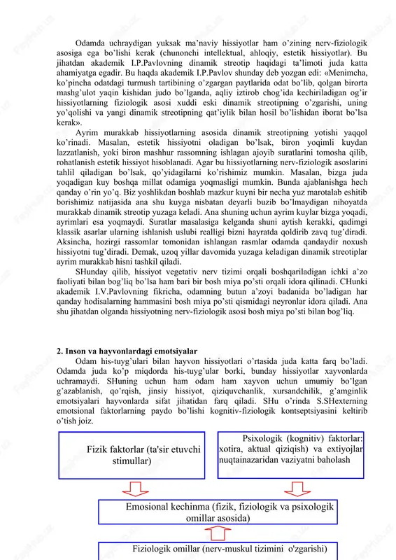i, esda olib qolishi, tuyg’ularga boy, tafakkuri o’tkir, nutqi burro bo’ladi. hissiyot odamda sodir bo’layotgan hodisa va narsalardan shaxs sifatidagi odam uchun ahamiyatli bo’lganlari haqida darak beruvchi signallar tizimi hisoblanadi. mazkur holda sezgi a’zolariga ta’sir qiluvchi cheksiz miqdordagi qo’zg’ovchilardan aniq bo’lib ajraladi, ba’zilari bir-birlari bilan qo’shilib ketadi va paydo bo’lgan hissiyot bilan birlashib ketadi. natijada taassurot uyg’otib, biror hissiy nom bilan ifodalangan xotira obrazlari tariqasida saqlanib qoladi. buni fiziologik jihatdan shunday tushuntirish mumkin: ma’lum qo’zg’atuvchilar tirik mavjudotlar uchun xotirjamlik haqida darak beruvchiga aylanadi. hissiy kechinmalar esa insonning shaxsiy tajribasida tarkib topadigan reflekslar tizimini mustahkamlash sifatida namoyon bo’ladi. hissiyotning mana shu darak beruvchilik vazifasi psixologiyada hissiyotning impressiv tomoni deb ataladi. impressiv so’zi lotincha taassurot degan ma’noni anglatadi. i.p.pavlov tirik mavjudotlarning atrofimizdagi muhitga moslashuvida hosil qiladigan buziladigan dinamik streotiplar orqali biror hissiyot va emotsional kechinmalarning ijobiy va salbiy sifatlarini tushuntirib beradi. dinamik stereotip deganda tashqi qaytarilish natijasida hosil qilingan shartli reflekslar, nerv …