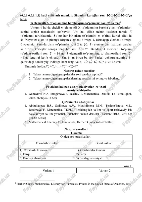 ayeva b.s., sadikova a.v., muxitdinova m.n., toshpo‘latova m.i., raximova f. matematika. tdpu. (boshlang‘ich ta’lim va sport-tarbiyaviy ish bakalavriyat ta’lim yo‘nalishi talabalari uchun darslik) toshkent-2012, 284 bet (70-83 betlar) 2. mathematical literacy for humanists, herbert gintis, (60-62 betlar) nazorat savollari t-sxema o`ziga xos xususiyatlari o`rinlashtirishlar guruhlashlar 1) o`xshashlik tomoni 1) o`xshashlik tomoni 2) farqi 2) farqi 3) fandagi ahamiyati 3) fandagi ahamiyati ilova 1. variant 1 variant 2 1. 1,2,3 raqamlar ishtirokida nechta uch xonali son tuzish. raqamlarni takrorlash mumkin. 2, 7, 9 raqamlar ishtirokida nechta uch xonali son tuzish. raqamlarni takrorlash mumkin. 2. maktab binosining 5 ta tordamchi eshigi bor. necha usul bilan bu eshiklardan kirib chiqish mumkin? 2oshxona taomnomasida 5 ta birinchi, 8 ta ikkinchi va 4 ta salat bor. shu ro`yxatdan necha turli tushlik jamlash mumkin? 3. qutida qizil, qora, yashil sharlar bor. 2 ta sharni qutidan necha usul bilan olish mumkin? 3. qutida 2 ta qizil, qora …
