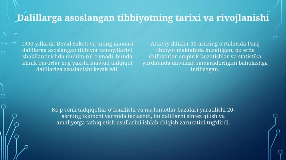 qlashtirishi mumkin. telemeditsina va raqamli texnologiyalar eatni kengaytirishda muhim rol o'ynaydi, geografik cheklanishlarni kamaytiradi va 70% bemorlarga uzoqdan malakali yordamni taqdim etadi. genomika va proteomika tadqiqotlari eatga integratsiyalashuvi kasalliklarning molekulyar darajadagi tushunilishini oshiradi, 5-10 yil ichida maqsadli terapiyani takomillashtiradi. e'tiboringiz uchun rahmat image1.png image2.png