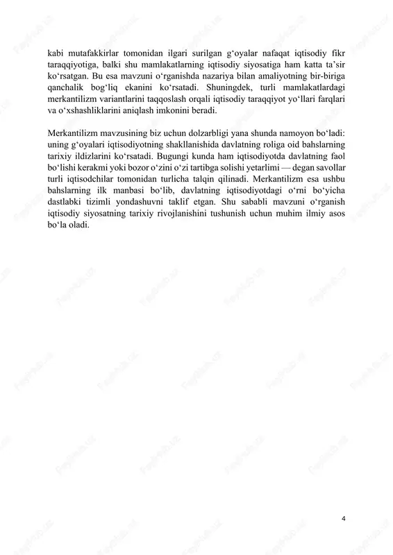 imkon bermas edi. biroq xv–xvi asrlar davomida yevropada keskin o‘zgarishlar sodir bo‘ldi. buyuk geografik kashfiyotlar yevropa uchun yangi savdo yo‘llarini ochdi. oltin va kumushning amerikadan oqib kelishi pul muomalasini kengaytirdi. savdogarlar tabaqasi kuchaya boshladi, shaharlar kengaydi, ishlab chiqarish asta-sekin bozor ehtiyojlariga moslasha bordi. endi boylik faqat yer bilan emas, balki pul, savdo va tovar ayirboshlash bilan bog‘lana boshladi. ana shu o‘zgarishlar eski feodal munosabatlarni yemirib, yangi iqtisodiy qarashlar paydo bo‘lishi uchun asos yaratdi. merkantilizm shu sharoitda shakllandi. u boylikning manbai sifatida qimmatbaho metallarning jamlanishini, tashqi savdoda ijobiy balansga erishishni, davlatning iqtisodiyotga faol aralashuvini ilgari surdi. savdoni kengaytirish, manufakturalarni rivojlantirish, milliy bozorni mustahkamlash, eksportni ko‘paytirish va importni cheklash merkantilizmning asosiy tamoyillariga aylandi. bu g‘oyalar yevropaning iqtisodiy hayotiga katta ta’sir ko‘rsatdi. bojxona siyosati kuchaydi, davlat manufakturalar tashkil etdi, savdo flotlari paydo bo‘ldi, mustamlakalar egallashga intilish kuchaydi. merkantilizm natijasida milliy bozorlar shakllandi, savdo-sanoat faoliyati kengaydi va kapitalistik munosabatlarning dastlabki bosqichi yuzaga keldi. merkantilizmning …
