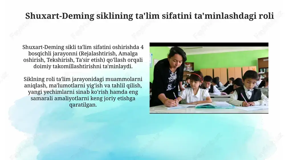 a jamiyat kengashlari faoliyati, o'quv dasturlariga kiritilishi kerak bo'lgan o'zgartirishlar to'g'risida 25ta taklifdan iborat hisobotlar tayyorlashga yordam beradi. monitoring va baholash jarayoni monitoring jarayoni o'quv natijalari, o'qitish sifati va resurslardan foydalanish samaradorligini muntazam ravishda kuzatish uchun 360 daraja baholashni o'z ichiga oladi. baholash jarayonida talabalarning o'zlashtirish darajasini aniqlash uchun turli xil testlar, loyihalar va portfoliolardan foydalaniladi, shu bilan birga natijalar 7 asosiy ko'rsatkich orqali tahlil qilinadi. ta'lim sohasidagi muammolarni aniqlash va hal qilish o'quv dasturidagi nomuvofiqliklarni aniqlashda swot tahlilidan foydalanish, kuchli va zaif tomonlarni aniqlash hamda 5 asosiy sababni tahlil qilish muammolarni hal qilishga yordam beradi. baholash tizimidagi kamchiliklarni aniqlash uchun o'quvchilarning natijalari bo'yicha regressiya tahlilini o'tkazish, 360 darajali baholashni joriy etish mumkin. doimiy takomillashtirish strategiyalari "kaizen" tamoyillarini joriy etish, har bir xodimni kichik, ammo doimiy takomillashtirishga yo'naltirish. bu orqali jarayonlar samaradorligi 10-15 foizga oshishi mumkin. 6 sigma metodologiyasi xatolarni kamaytirishga qaratilgan. ta'limda xatolarni aniqlash va bartaraf etish orqali o'quv …